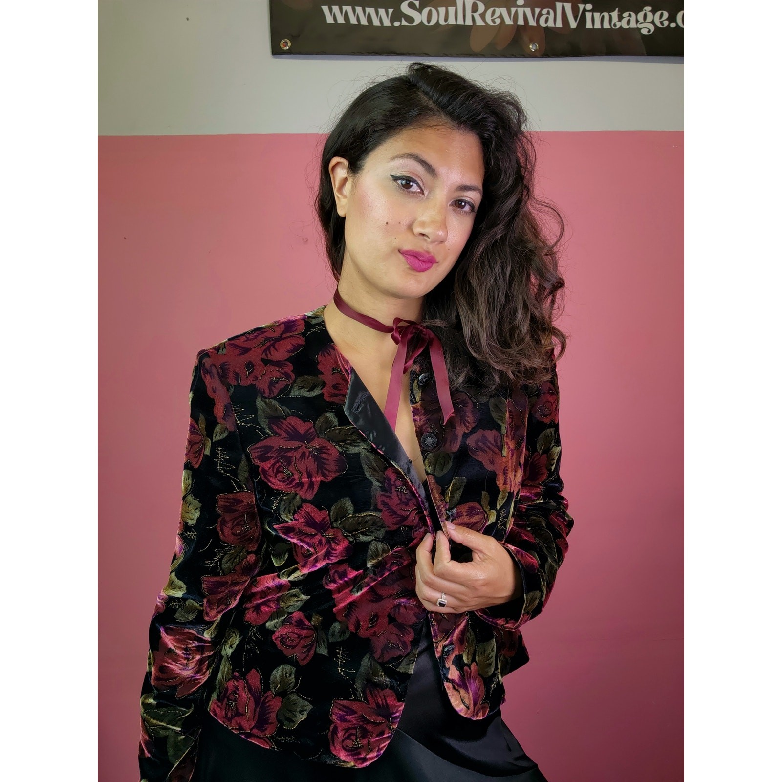 Vintage 1990’s Velvet Black Red Rose Print Blazer Whimsigoth Dark Romance