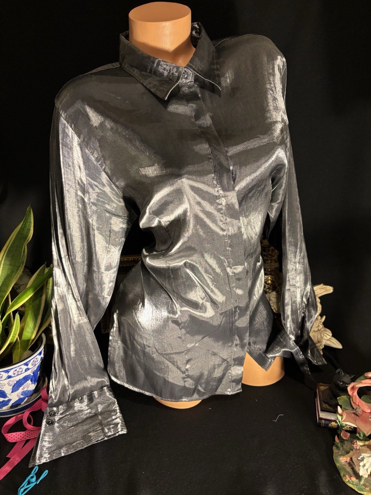 Vtg Satin Secretary Office Button Up Notch Silver Office Blouse L XL 44″