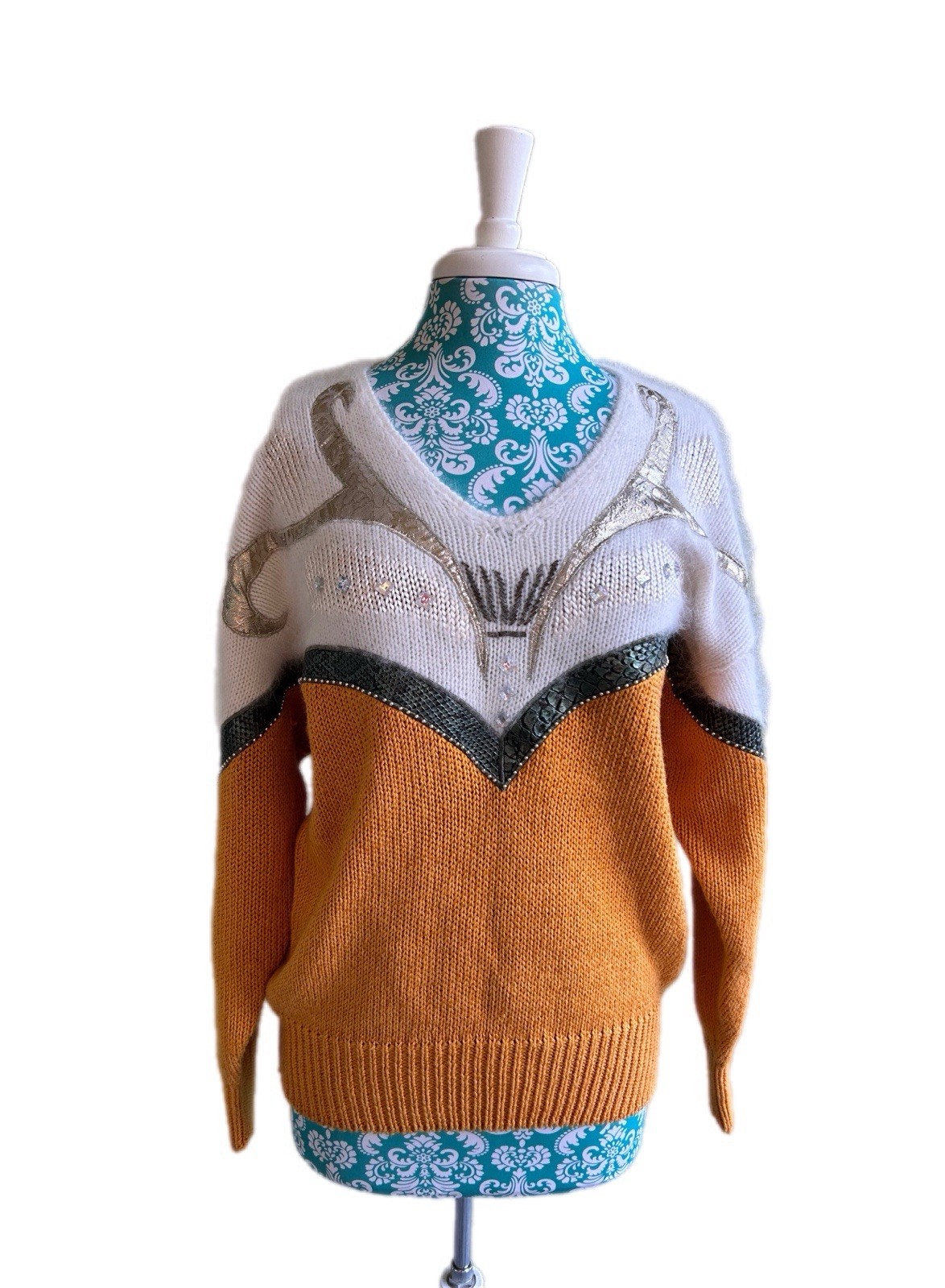 Vintage 1980’s Sweater Cotton Angora NEW WAVE Retro Slouch Mob Wife Rhinestone