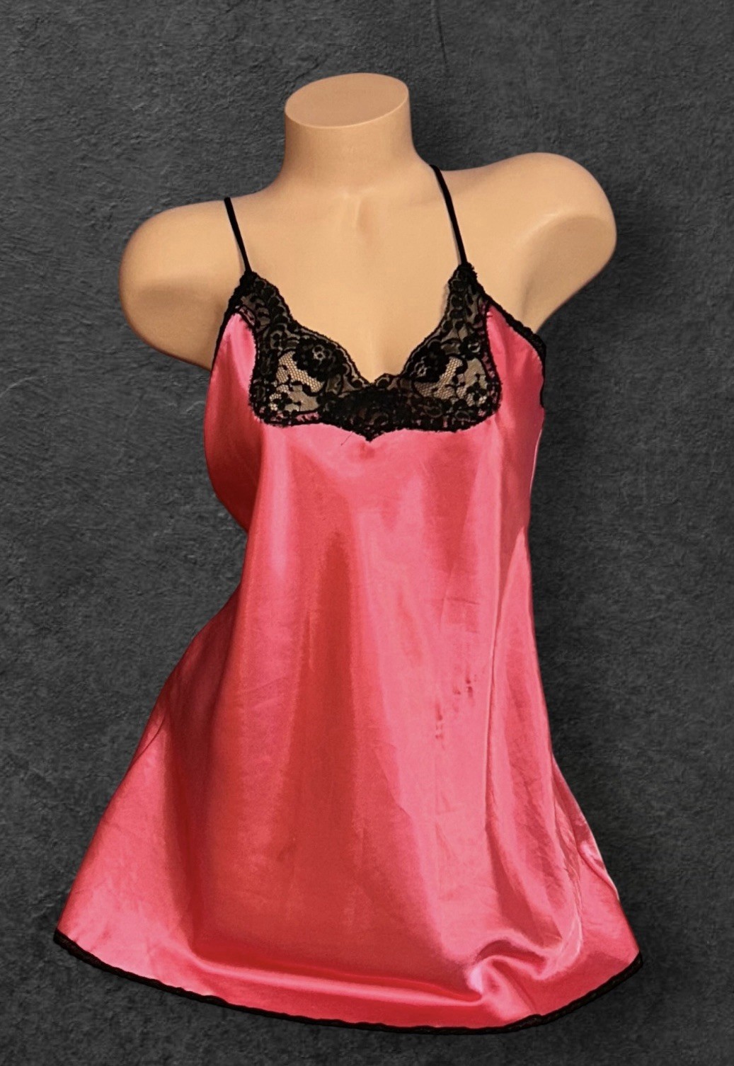 LADY CAMEO Pink Shiny Satin Black Sheer Lace Trim Nightie Nightgown S NOS