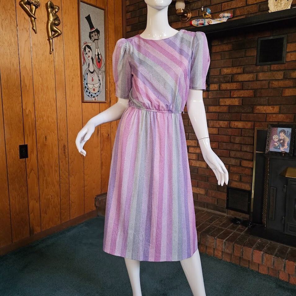 Vtg 80s Puff Sleeve Preppy Disco Studio 54 Rainbow Striped Day Party Dress M/L