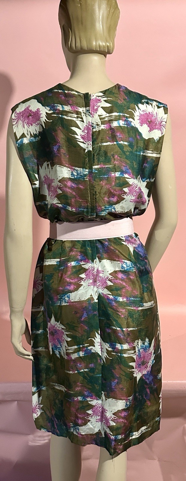 Vtg 50’s Silk Dress MCM Floral Fabric Pink, Grn Sculptured Charm Lora Lennox