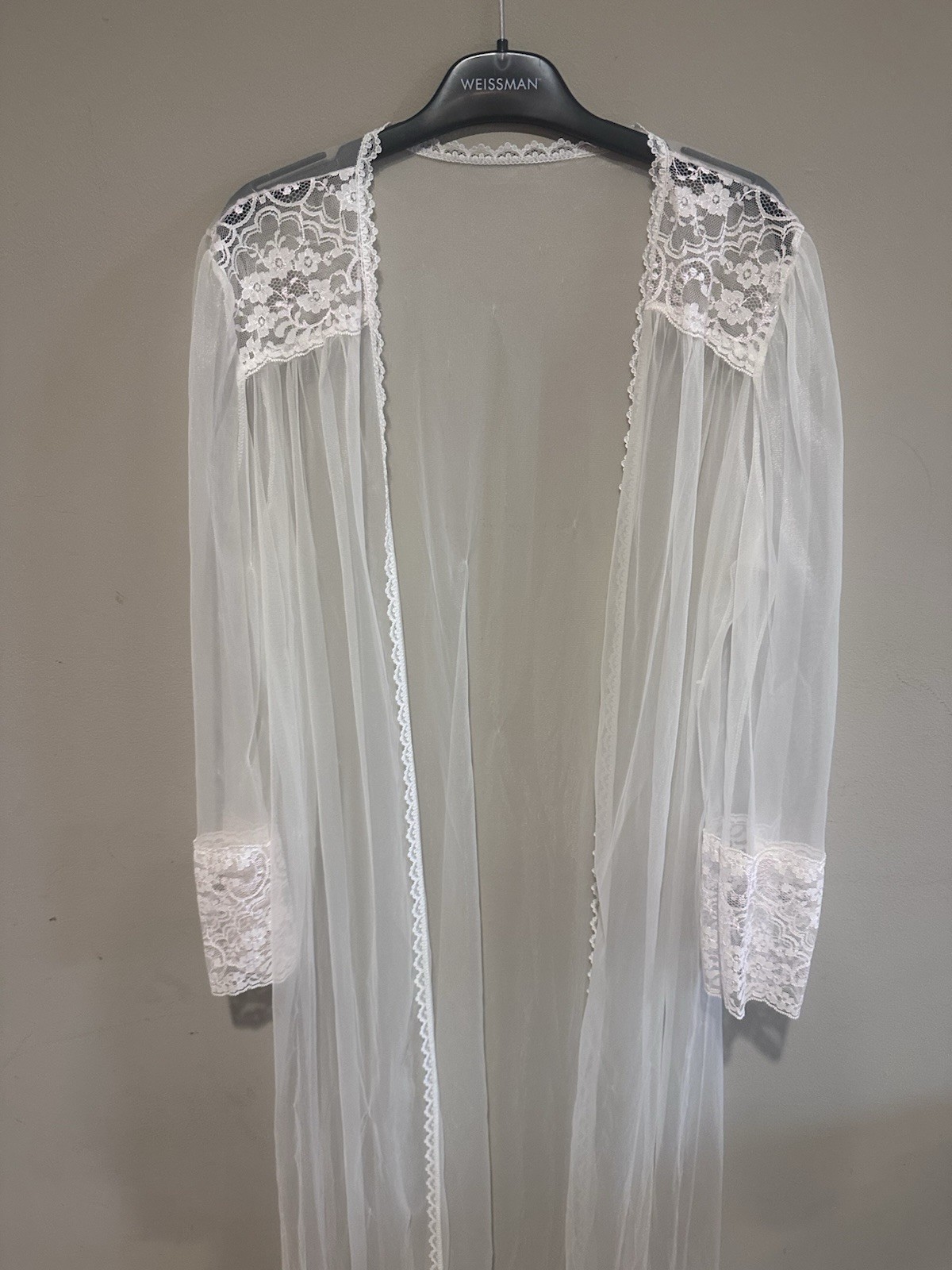 vintage Sheer White Robe With delicate lace details on the neckline and cuffs.