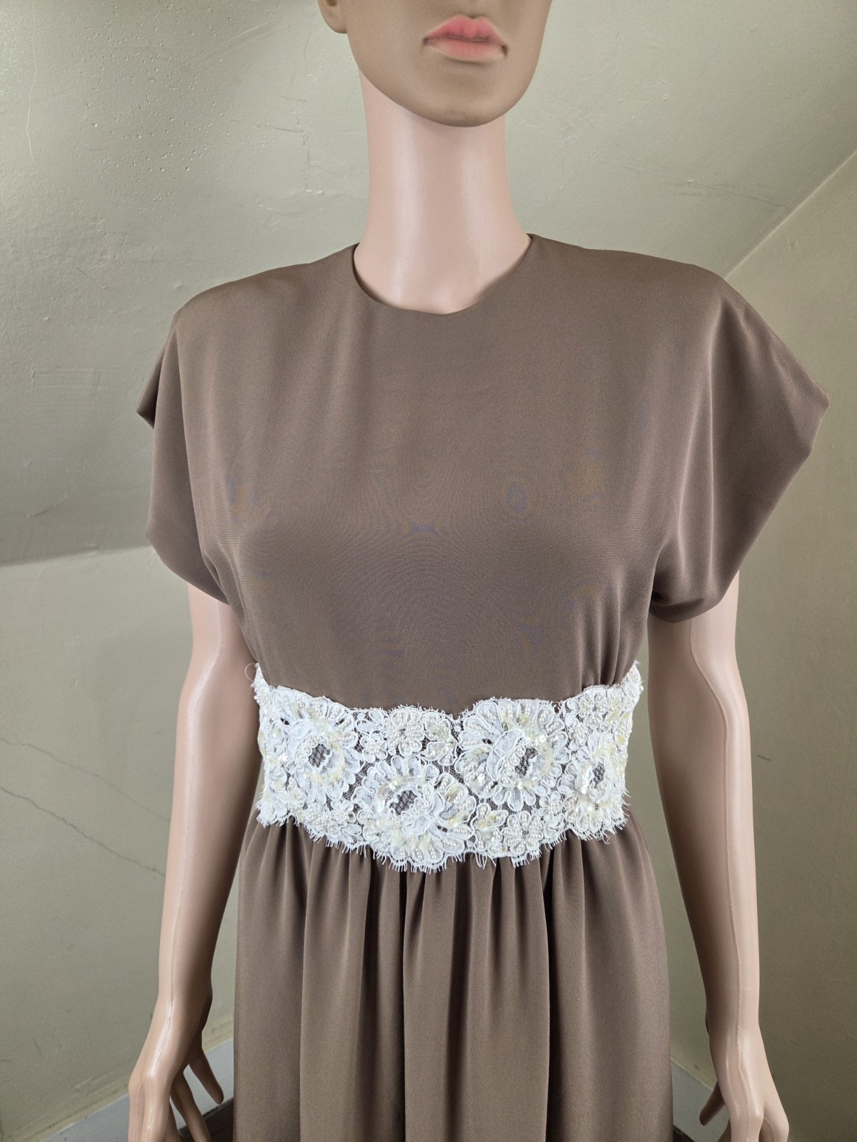 VTG William Pearson Brown Midi Dress Beaded Lace Trim Made USA Size 6 70s 80s