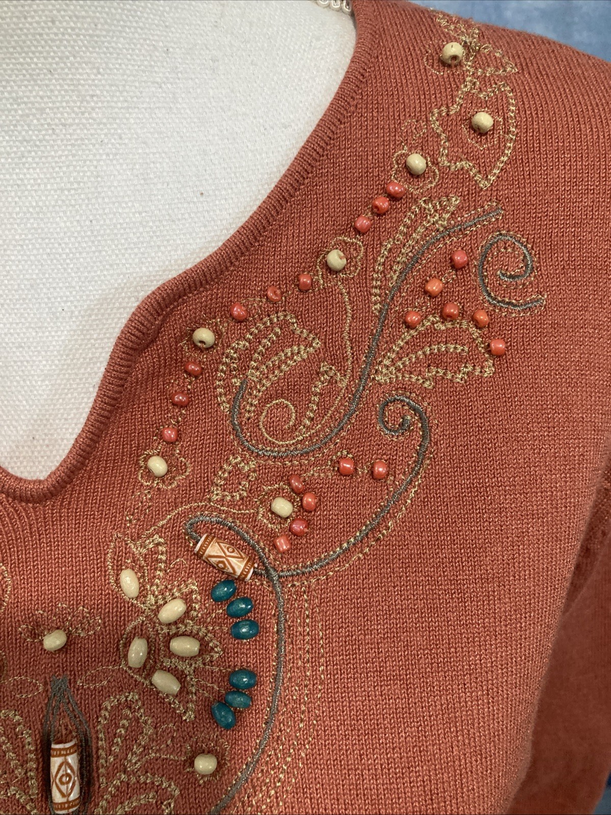 Vintage 90s Carducci Beaded Bib Sweater Top Size L Rust Orange Boho Grandmacore