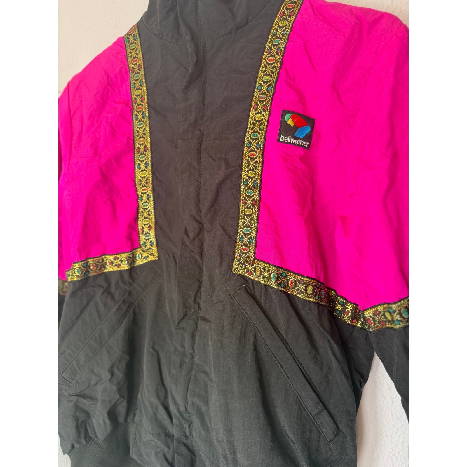 Vintage Bellweather Jacket Fleece 1990s Retro Pink Black Gold Trim Women Medium