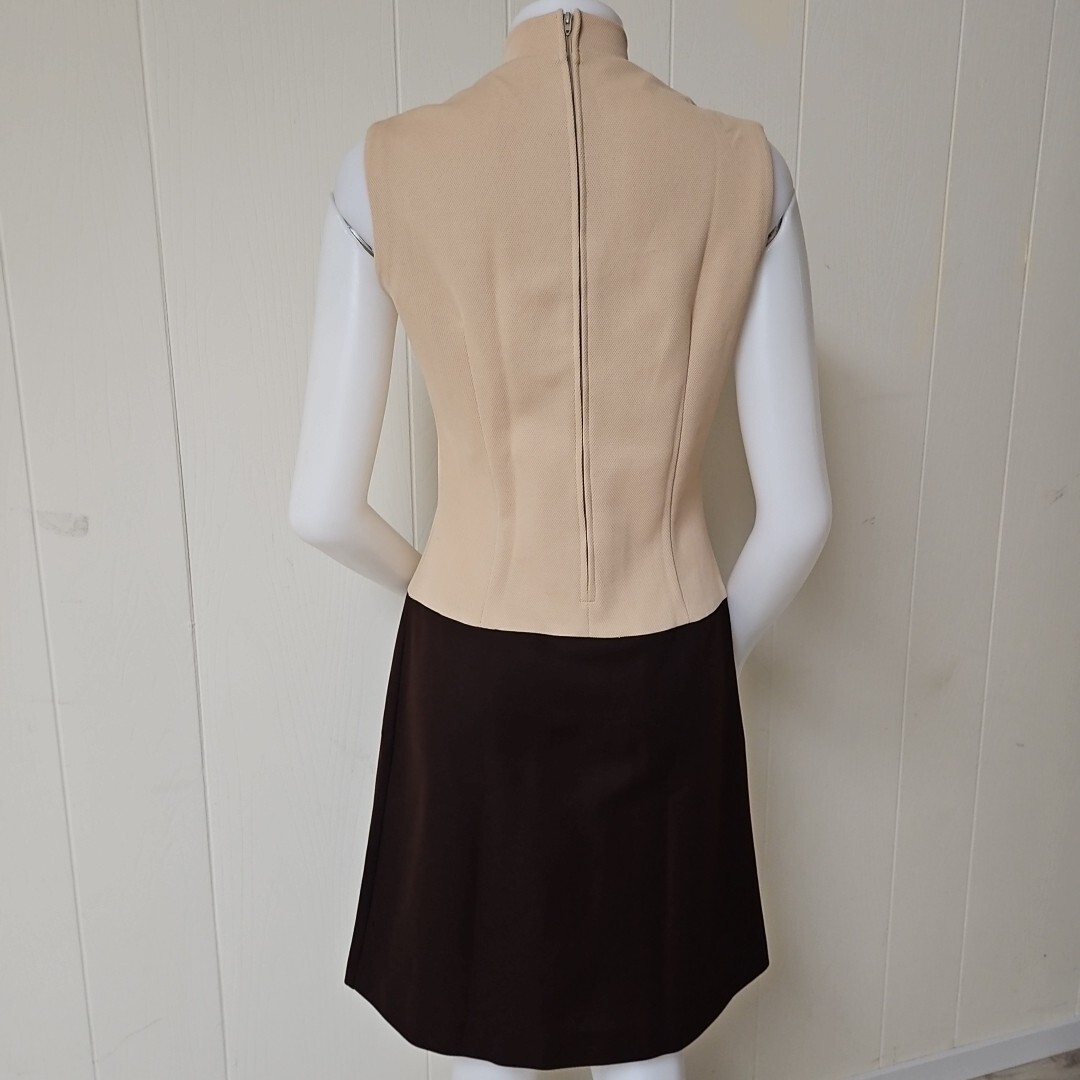 Vtg Hob Nobber Sheath Dress Womens S Brown Beige 60s Mod Double Knit Stretch