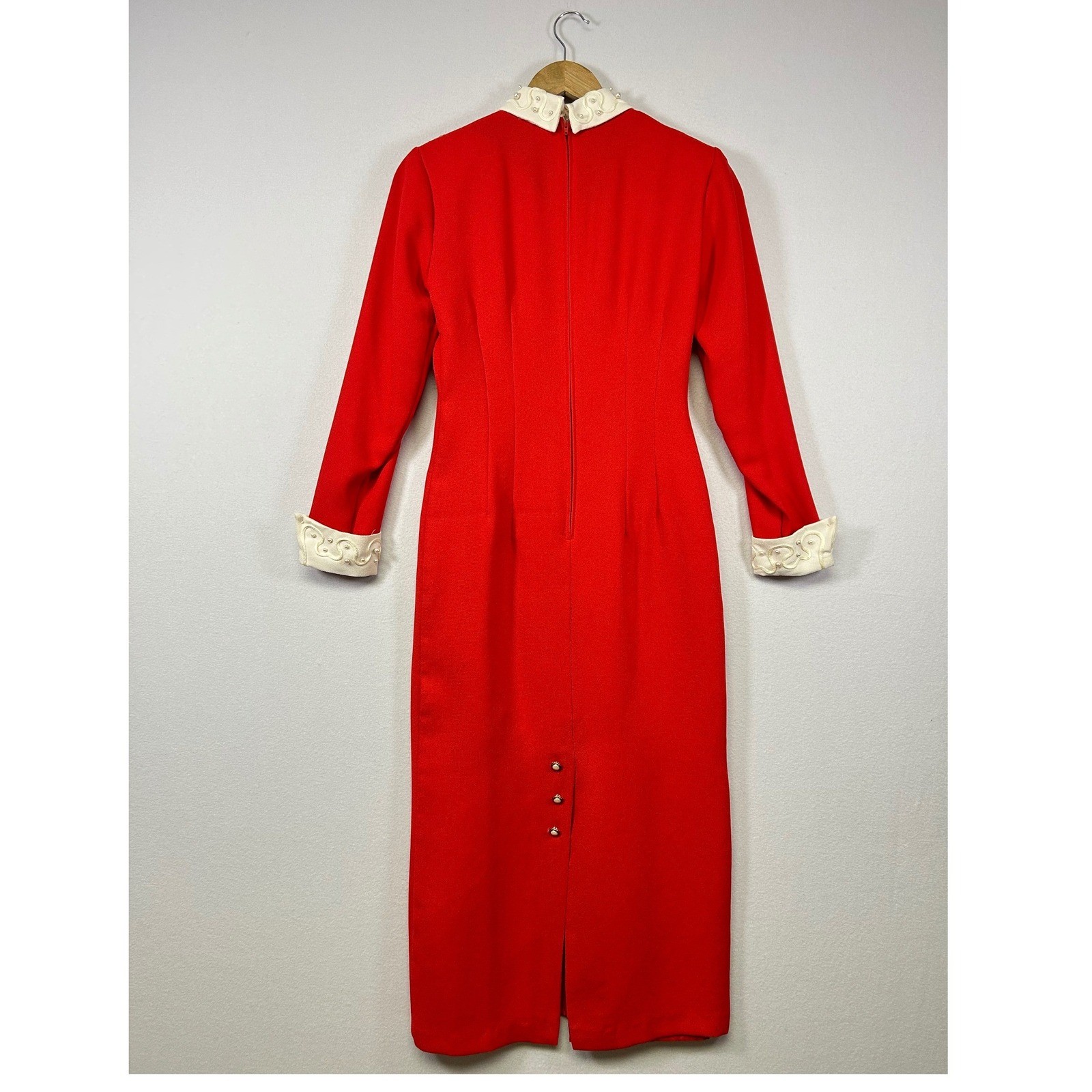 Statement Misty Lane Vintage Midi Dress Womens 4 Red Pearl Long Sleeve ormal