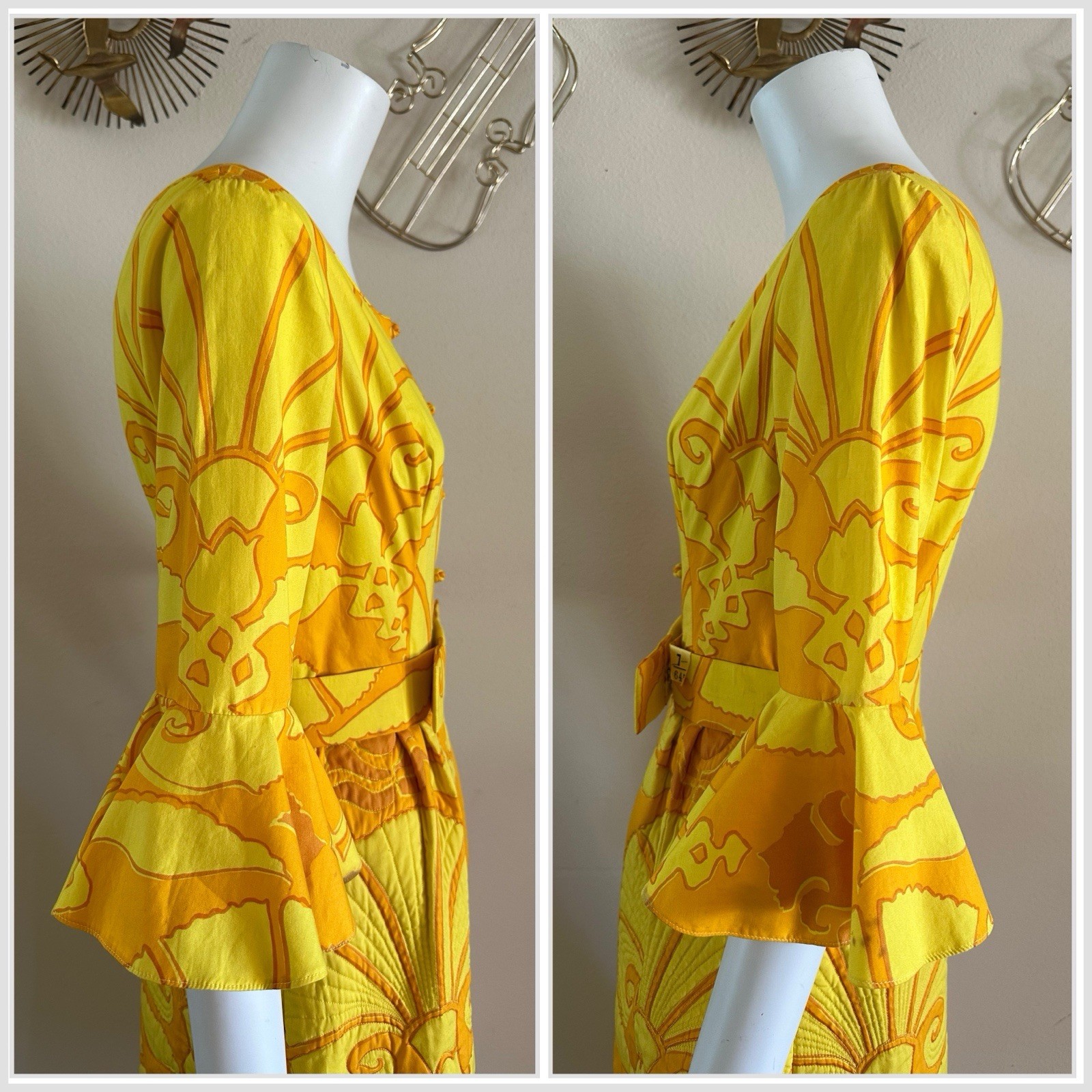1960s Van Dee Bangkok Quilted Maxi Dress Psychedelic Bell Sleeve Resort Hostess
