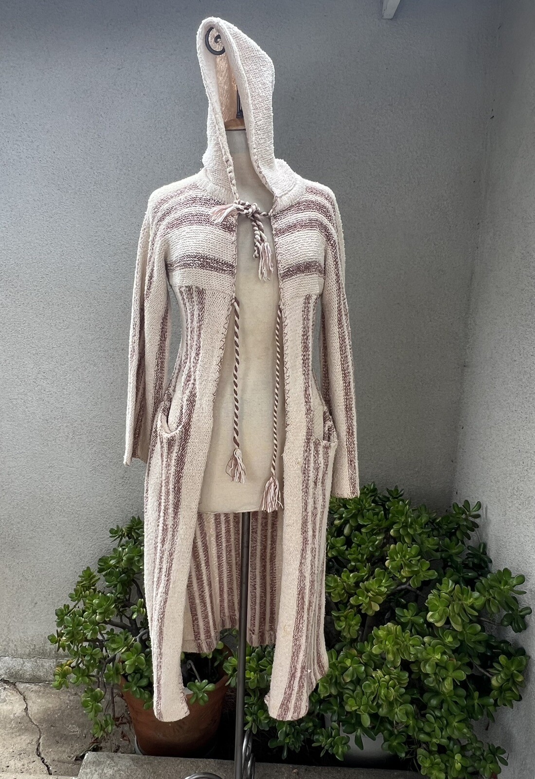 Vtg Boho Cardigan Long Duster Sweater S/XS Stripes Hood Pockets International
