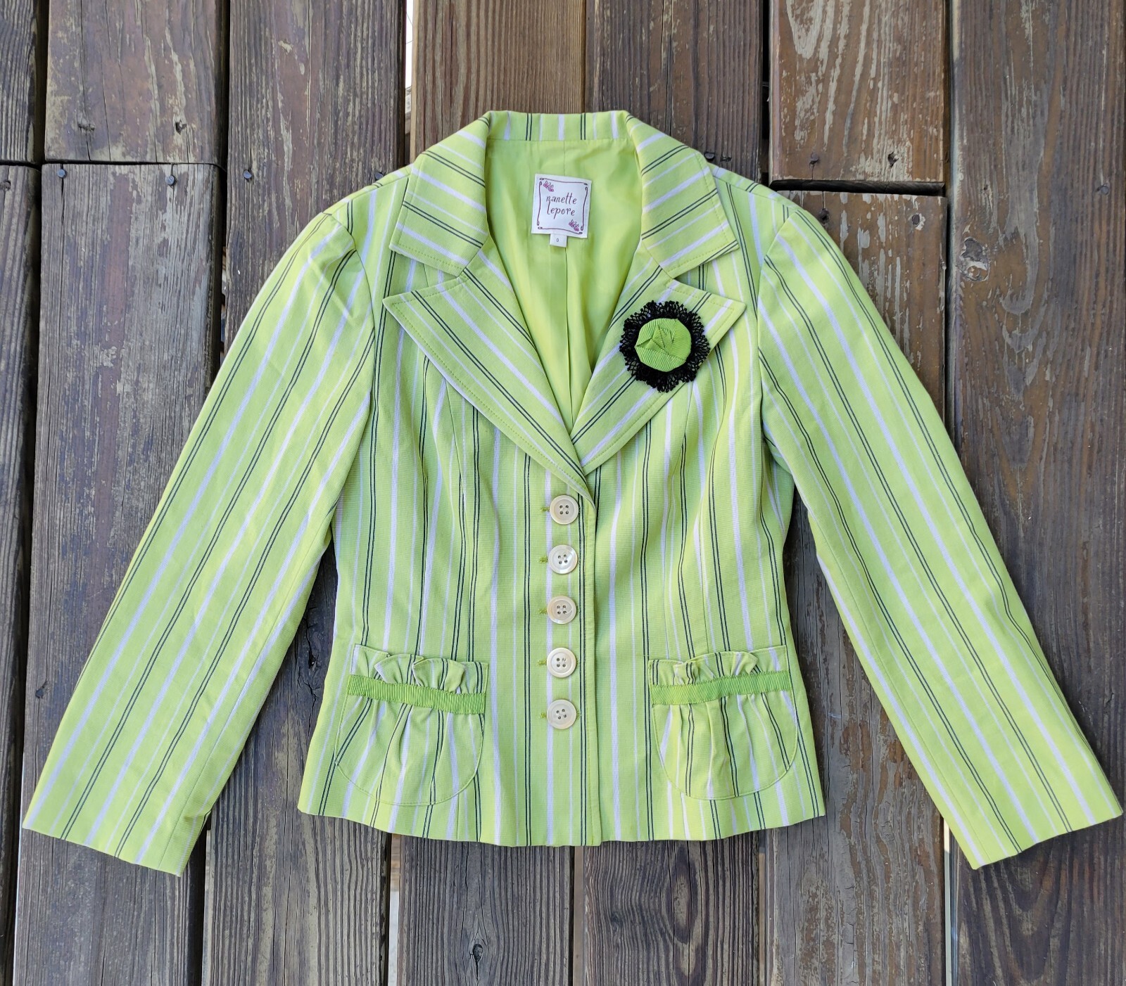 Nanette Lepore vintage 00s skirt suit jacket lime green stripe whimsy retro 0
