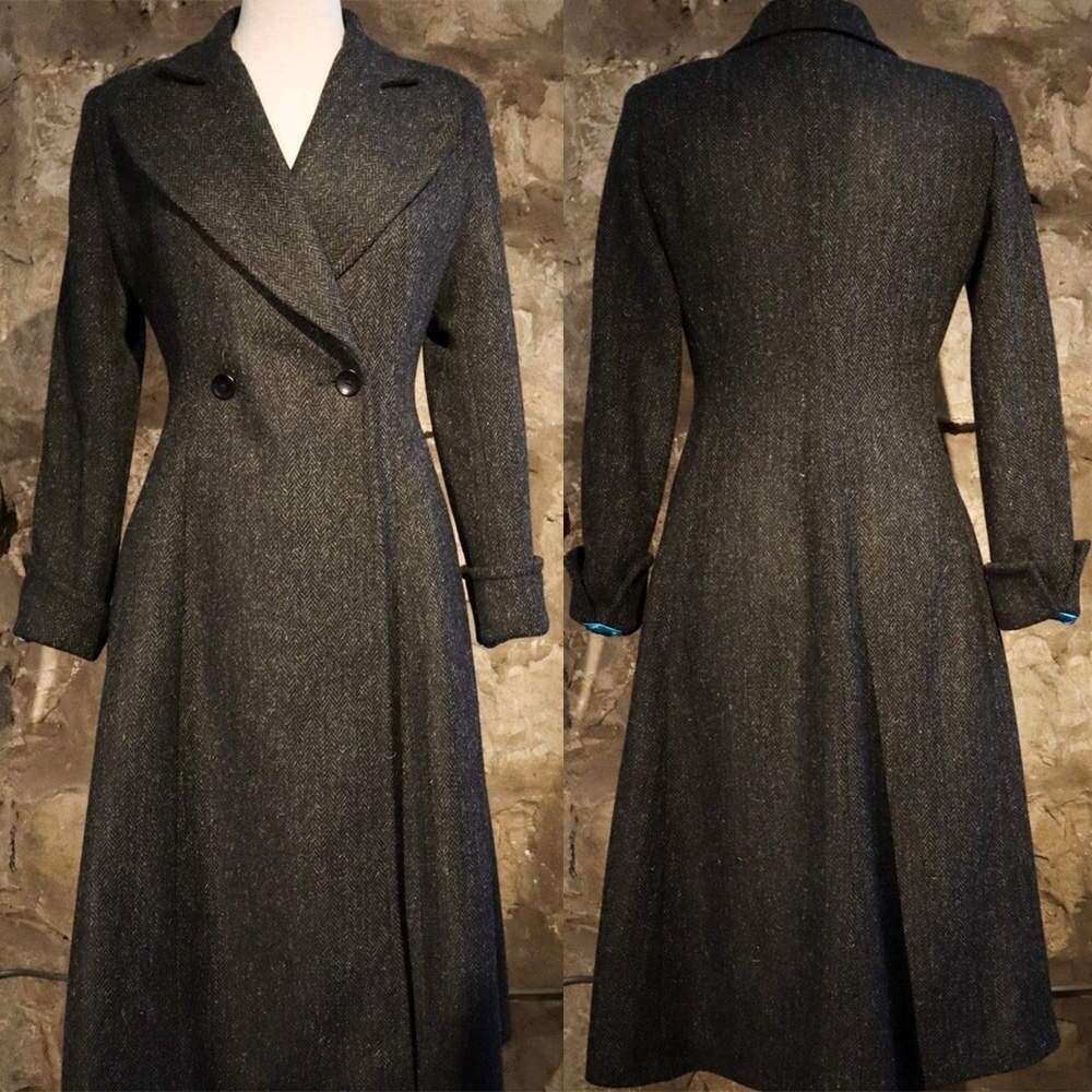 Ladies Brown Coat Herringbone Tweed Jacket Double Breasted Wide Collar Long