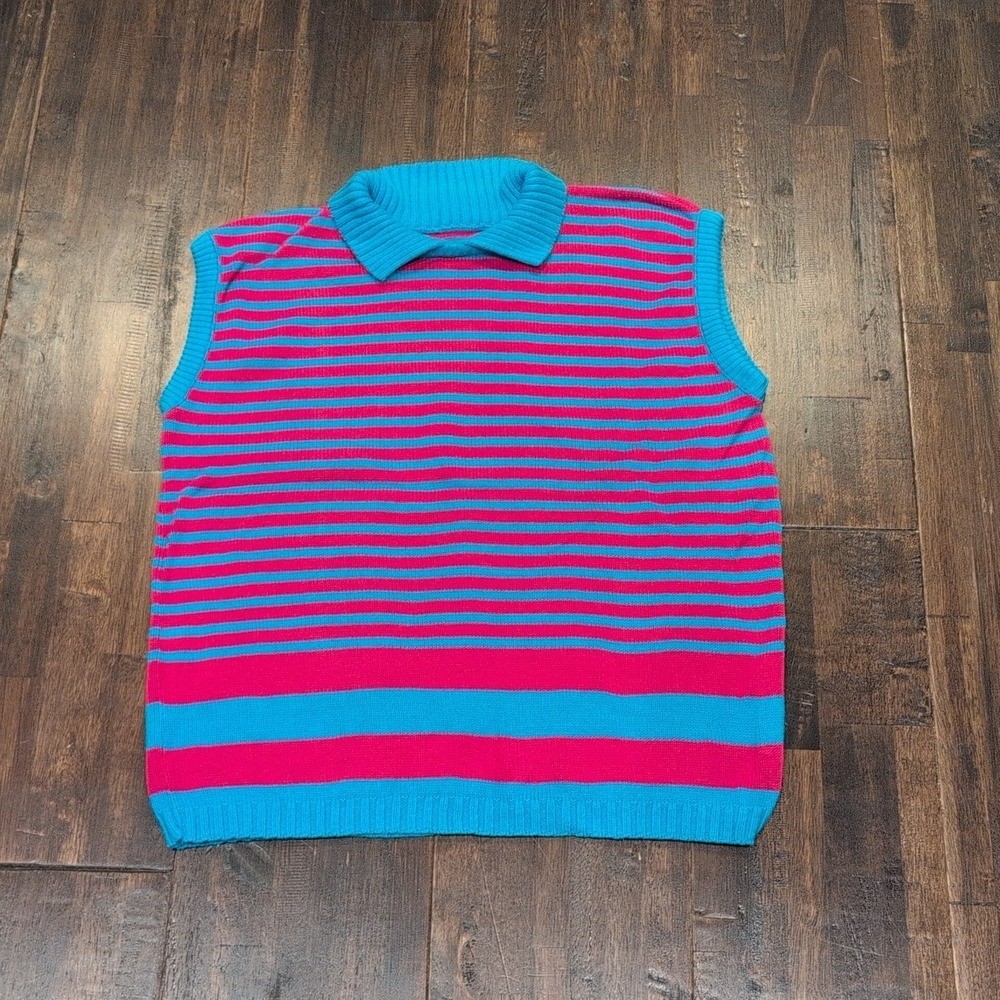 Vintage 80s Striped Polo Sweater Vest Medium Teal Pink Made USA Union Sleeveless