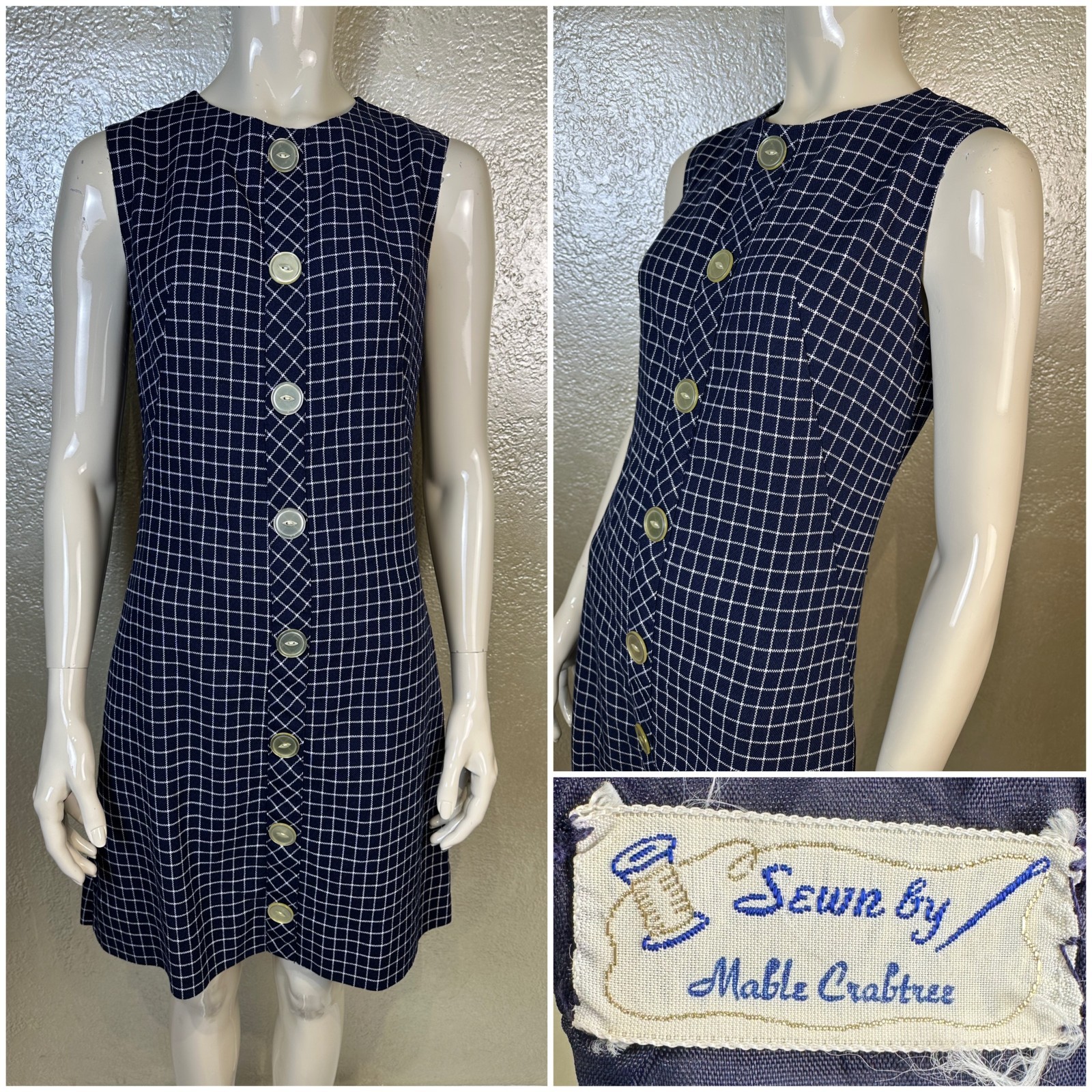 Vintage 1970’s Handmade by Mable Crabtree Navy Blue Grid Sleeveless Dress