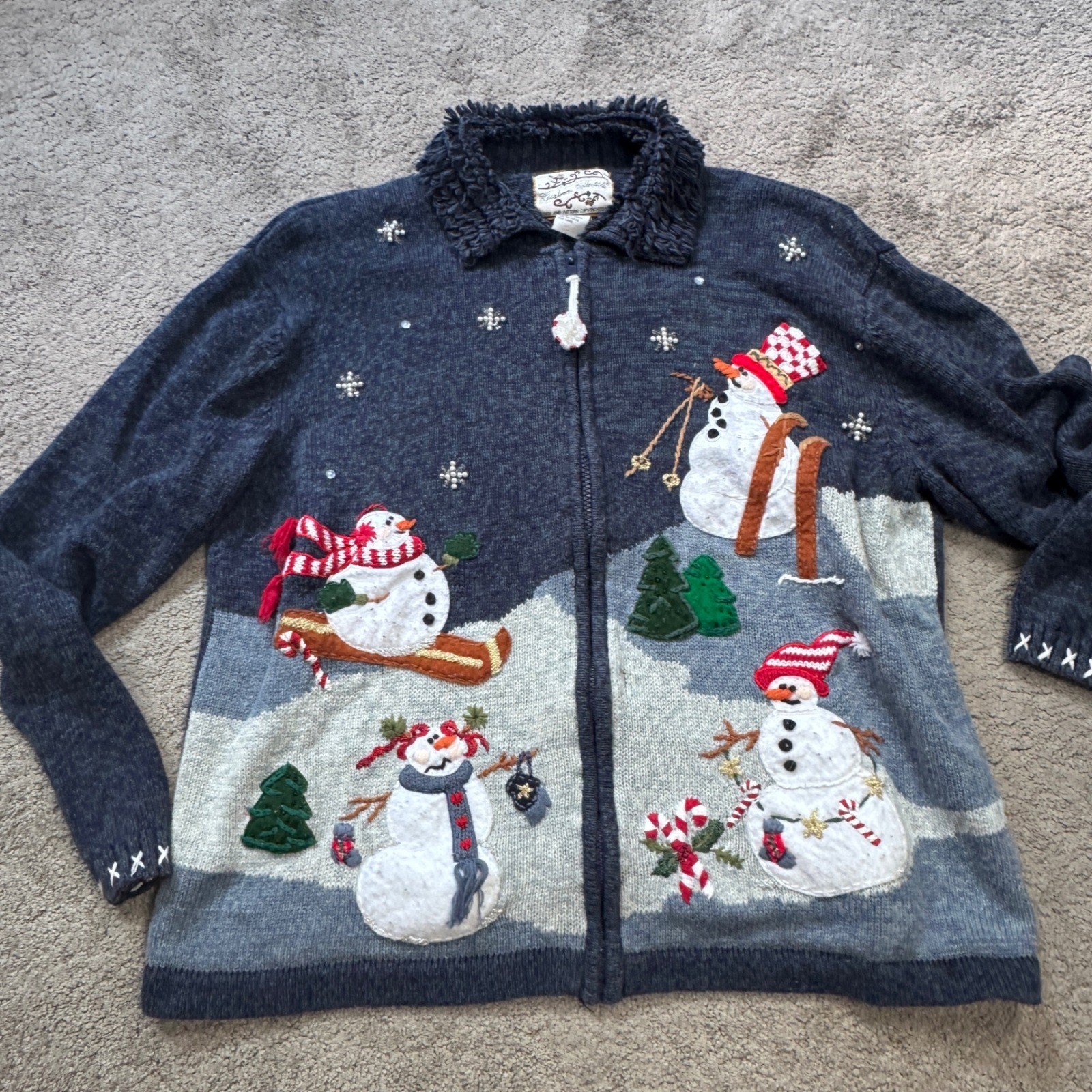 Vintage Heirloom Collectibles Women’s Large Christmas Sweater Snowman Zip Up