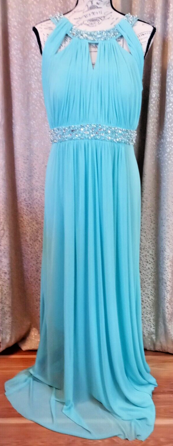 Jessica Howard Women’s Beaded Faux Pearl Halter Aqua Cocktail Evening Dress 14