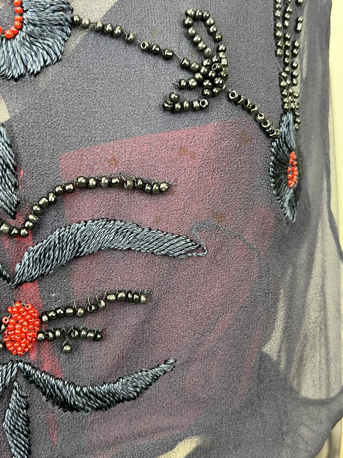 Antique 1910s 1920s Navy Blue Silk Chiffon Dress Floral Embroidery Beading AS IS