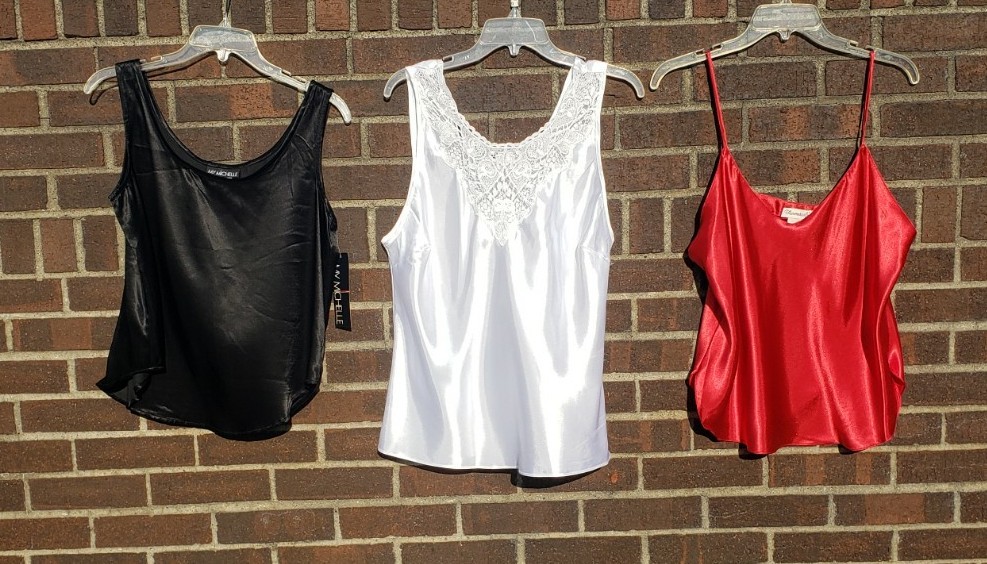 Lot of Three Vintage Satin Camisole Slip Tops Size Large Red White Black NEW