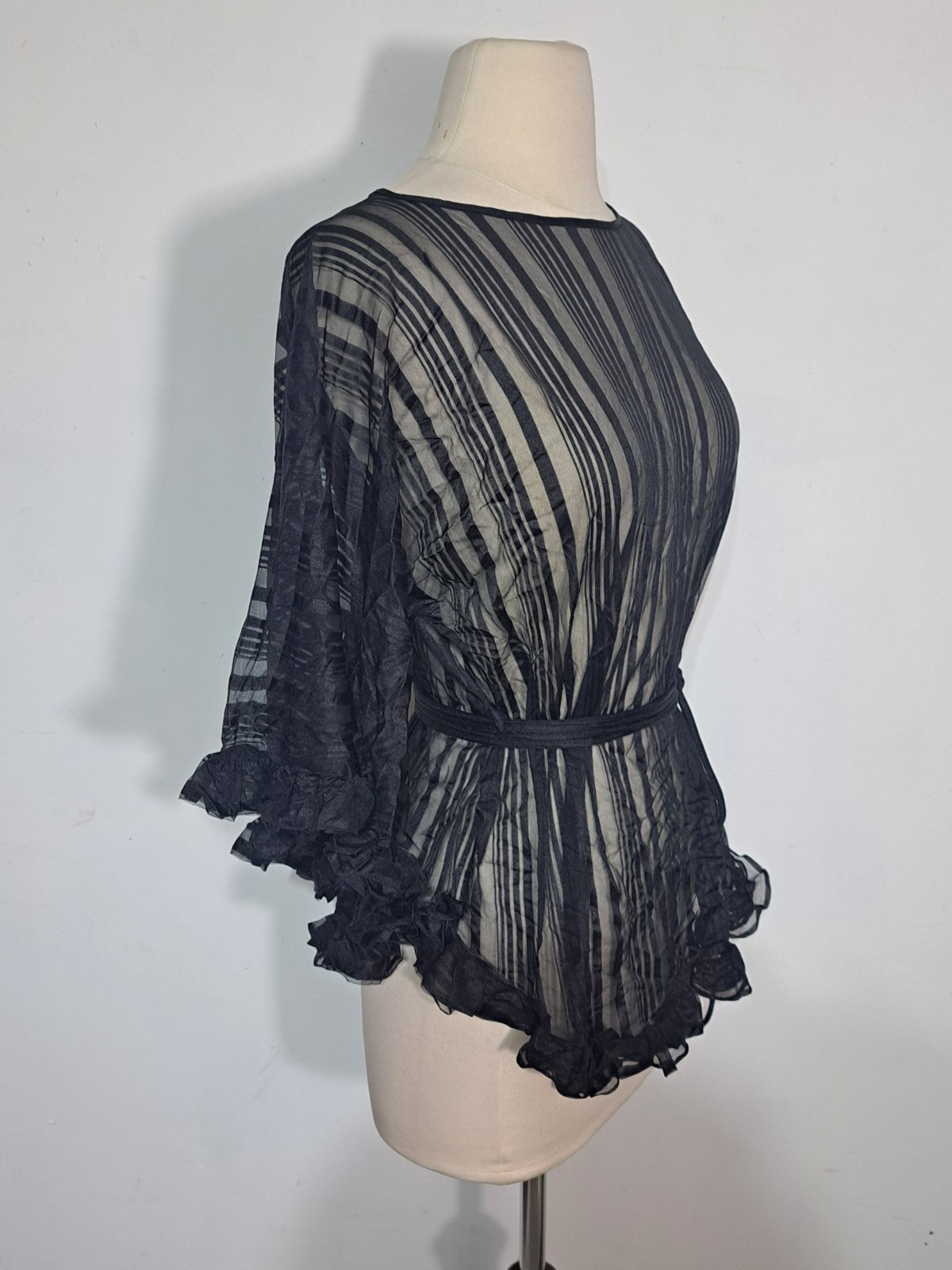 Vintage 1970s Black Sheer Stripe Pajama Set Sz S Shirley of Hollywood Ruffle