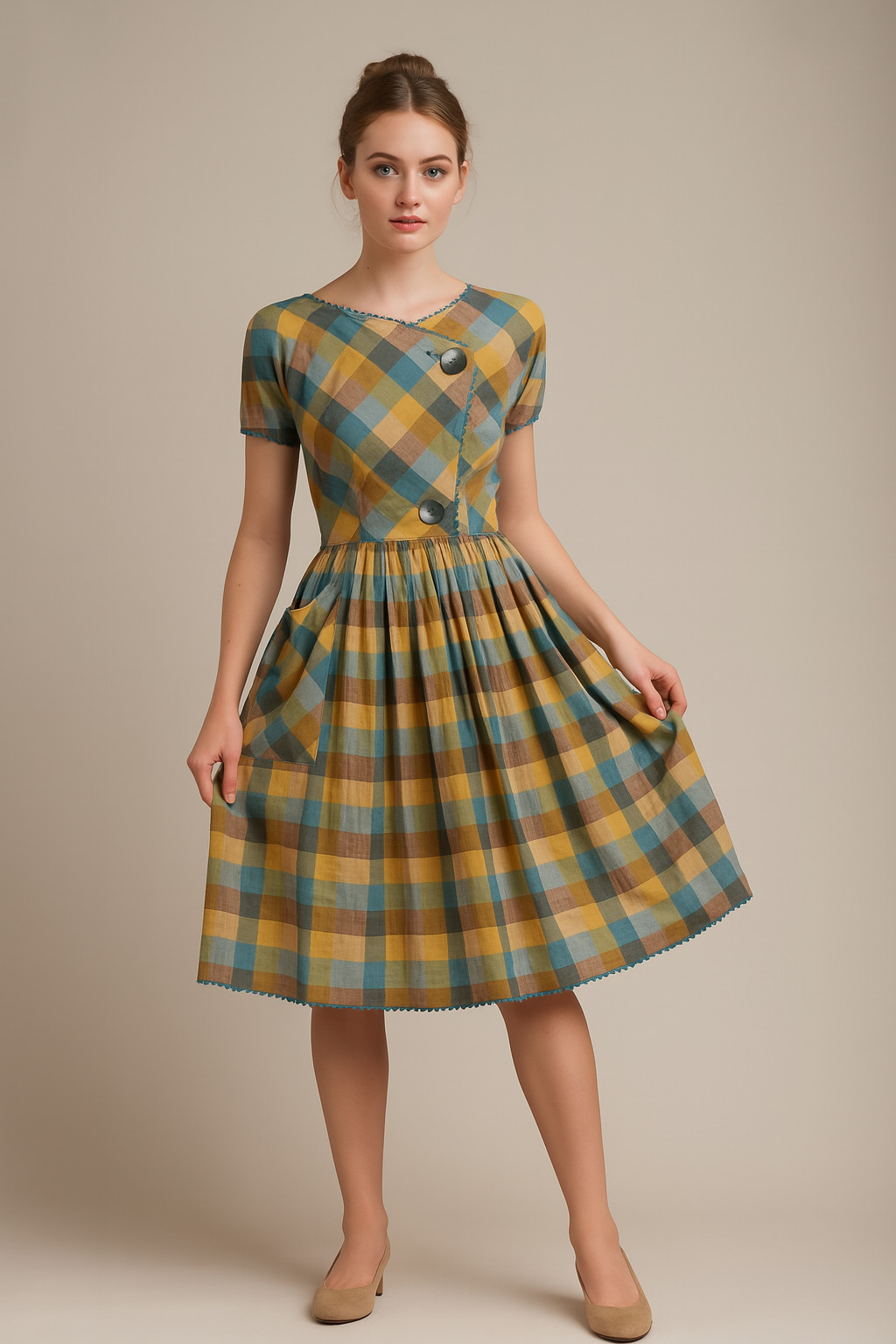 Vtg 40s 50s Cotton GINGHAM PLAID Print FIT FLARE Full Skirt PICNIC DAY Dress S