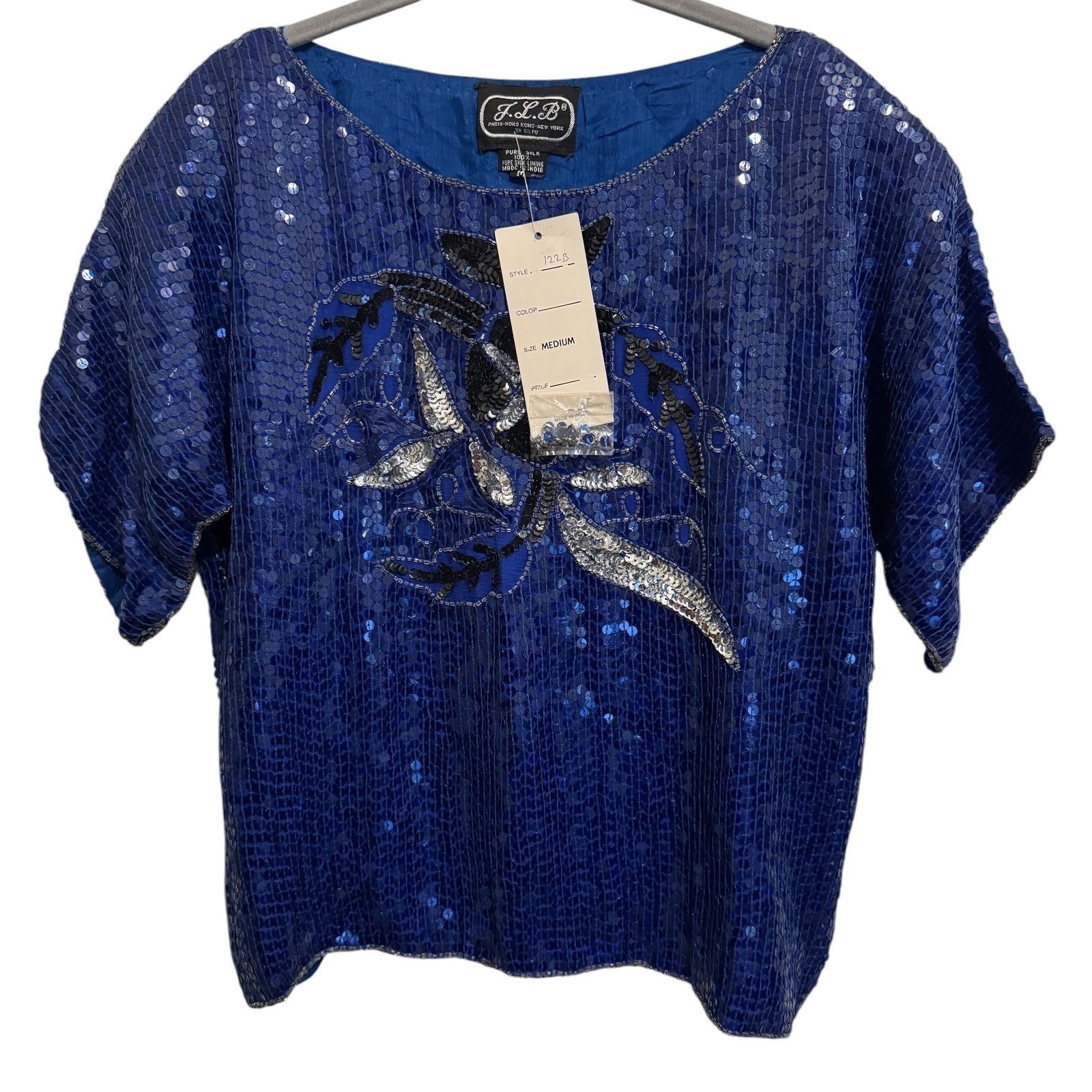 NEW Sequin Blouse Women’s Medium Blue Silk Top Deadstock Vintage Glam Sparkle