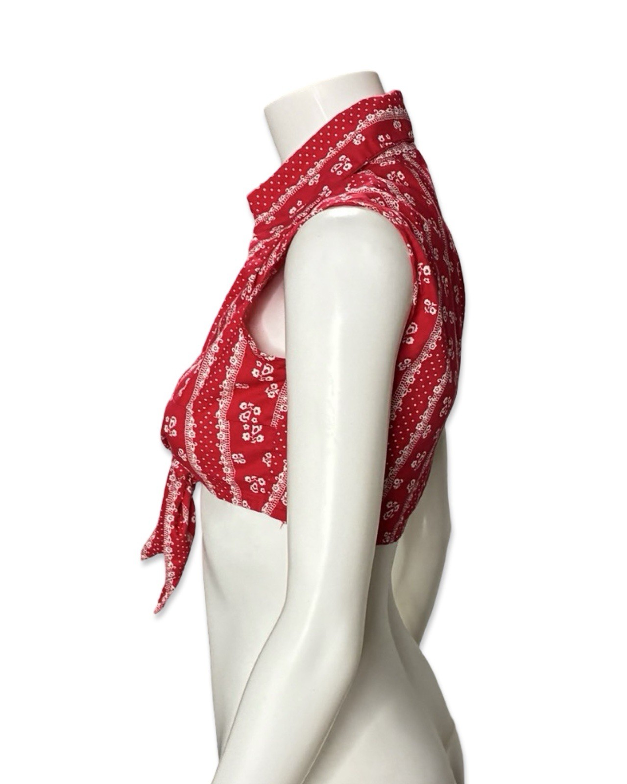Vintage 70s Women’s Red Floral Tie Waist Dagger Collar Crop Top Western Cowgirl