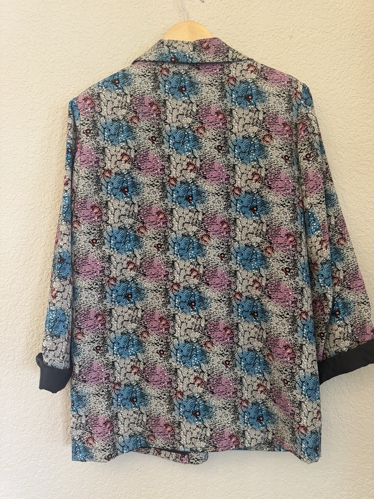 Vtg 80s EUREKA Oversized Floral Blazer Jacket 100% Silk Open Front Pockets 44