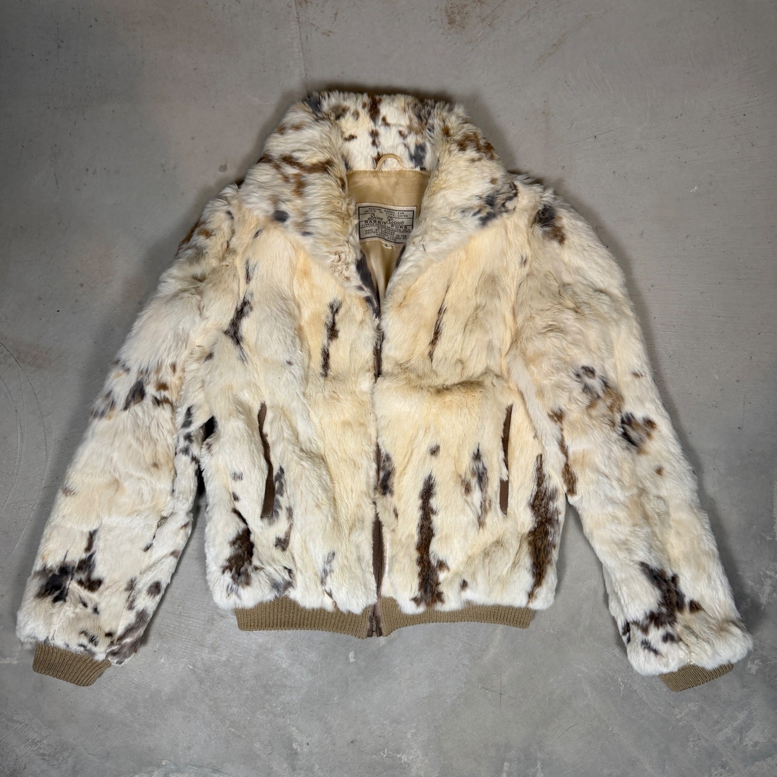 Dino Ricco Vintage Genuine Rabbit Fur Bomber Jacket Spotted Cream Brown Small