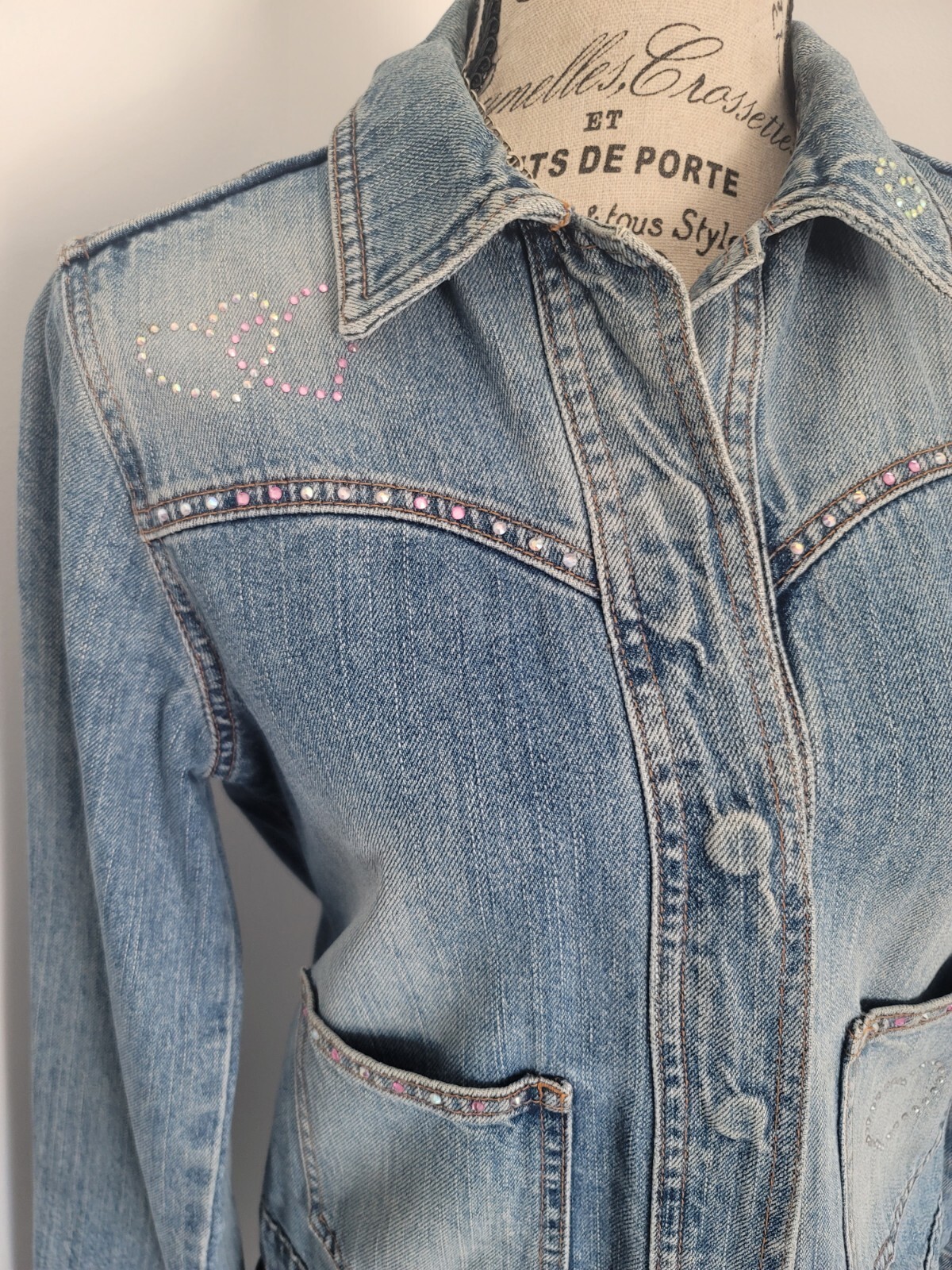 Vintage Y2K Upcycled Redone Custom Bling Gothic Cross Western Jean Jacket Medium