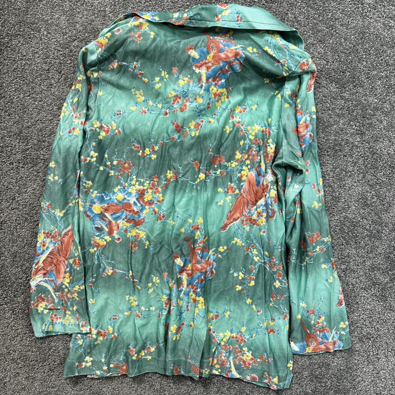 VTG Womens M Shirt 1970s Disco Green Floral Dagger Collar Hippie AOP Polyester