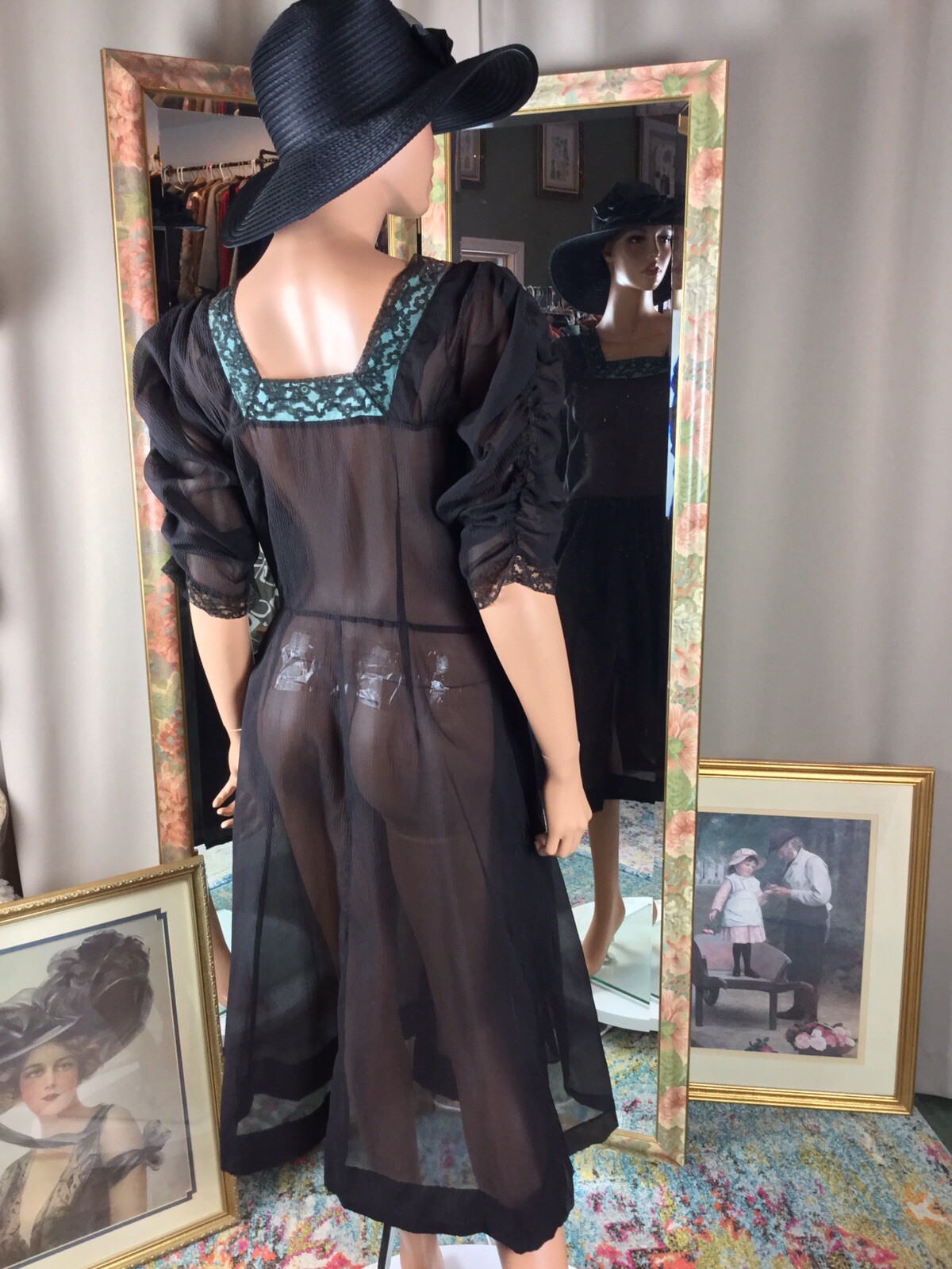 Vtg 20s Black Sheer Dress Sz 10 Layered Front Flapper Style Square Neck 36” Bust