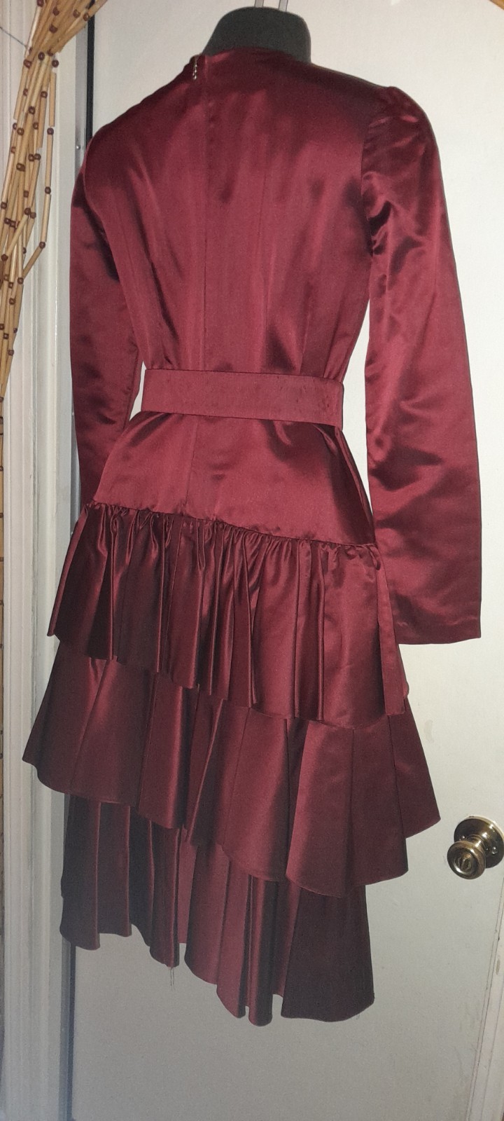 Vtg 70s 80s Designer WILLIAM PEARSON Burgundy Satin Silk Ruffle Tier Party Dress