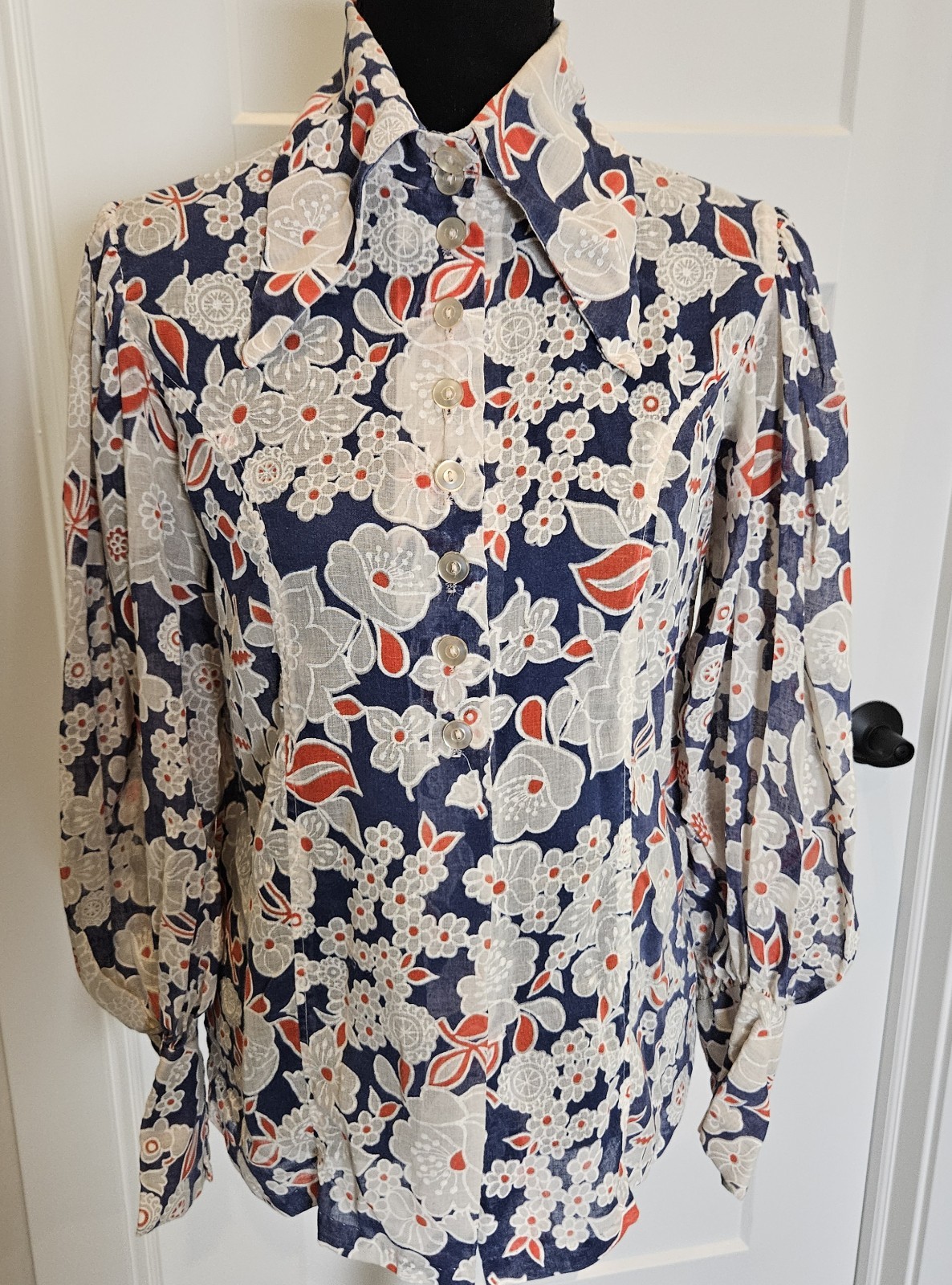 VTG 1960s Hand Made Red White Blue Floral Sheer Button Up Blouse Dagger Collar