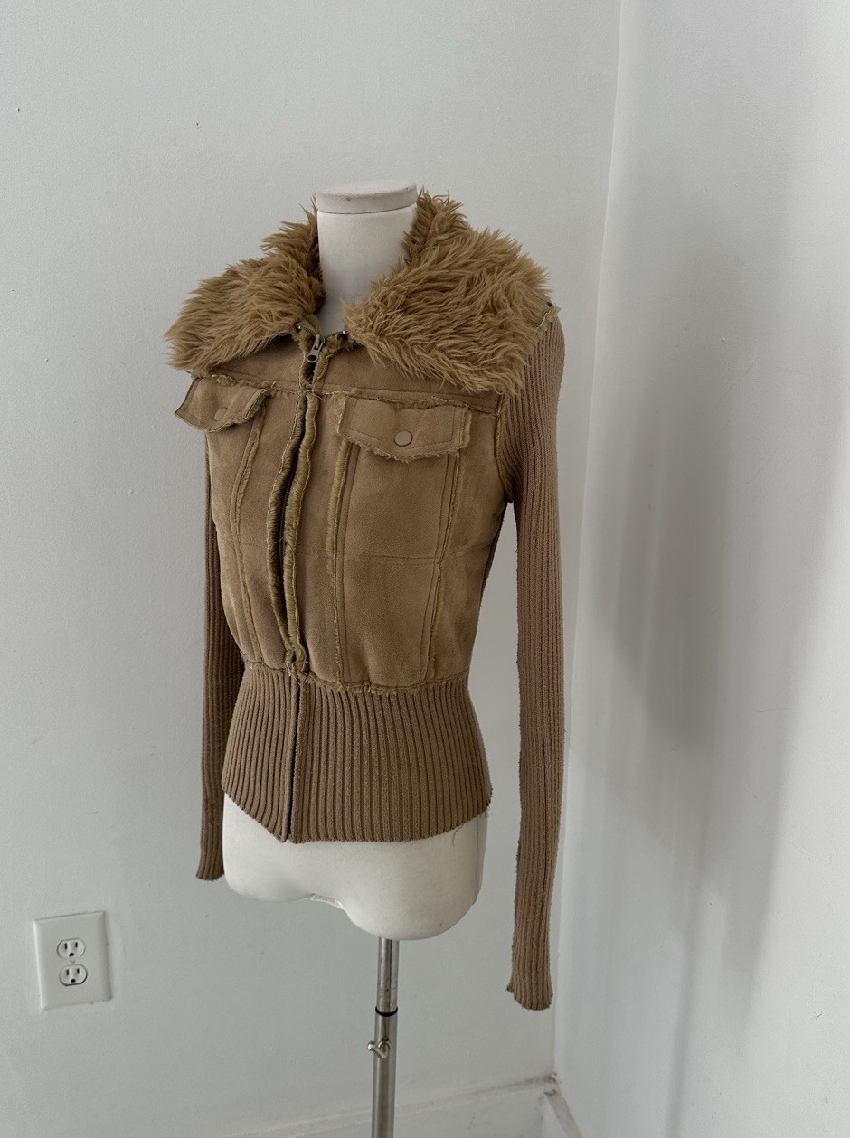 Vintage Y2K Faux Fur/Suede Ribbed Knit Flattering Zip Jacket Almost Famous Core