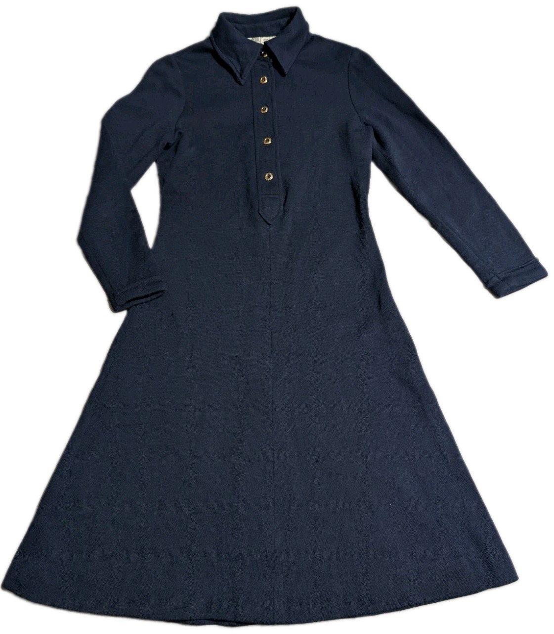 Vintage 60s 70s Pure Wool Navy Mod Shirtwaist A-Line Dagger Collar Dress USA