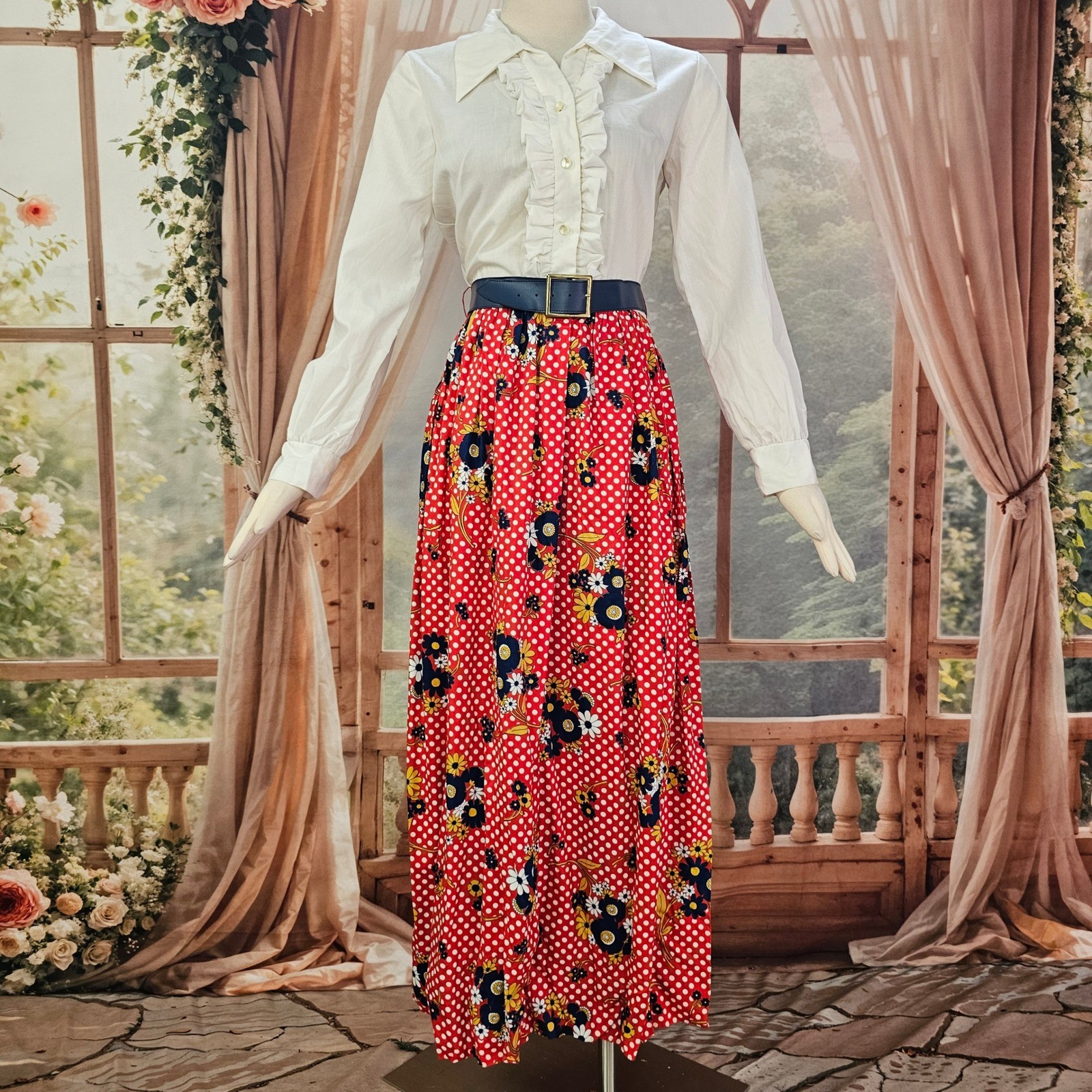 Vintage 1970’s Dress Maxi Sears Fashions White Ruffle Top Red Floral Polka Dot