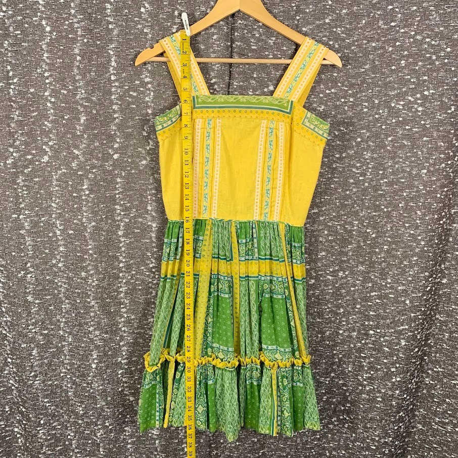 Vintage Handmade Patchwork Dress Ruffled Green/Yellow Boho Cottagecore Women’s