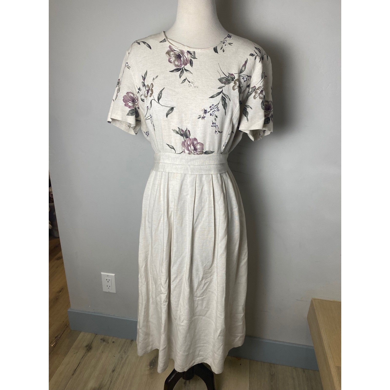 Vintage Miss Dorby Petites Floral Midi Dress Cream Purple 80s 90s Cottagecore