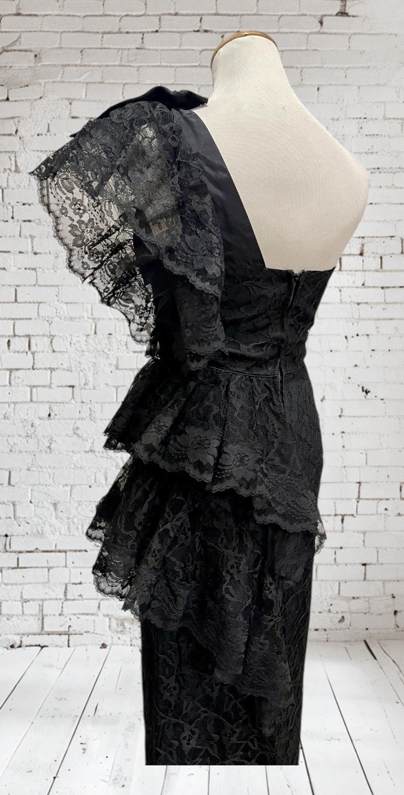 Vtg Climax Karen Okada David Howard Lace Black One Shoulder Bow Party Prom 3/4