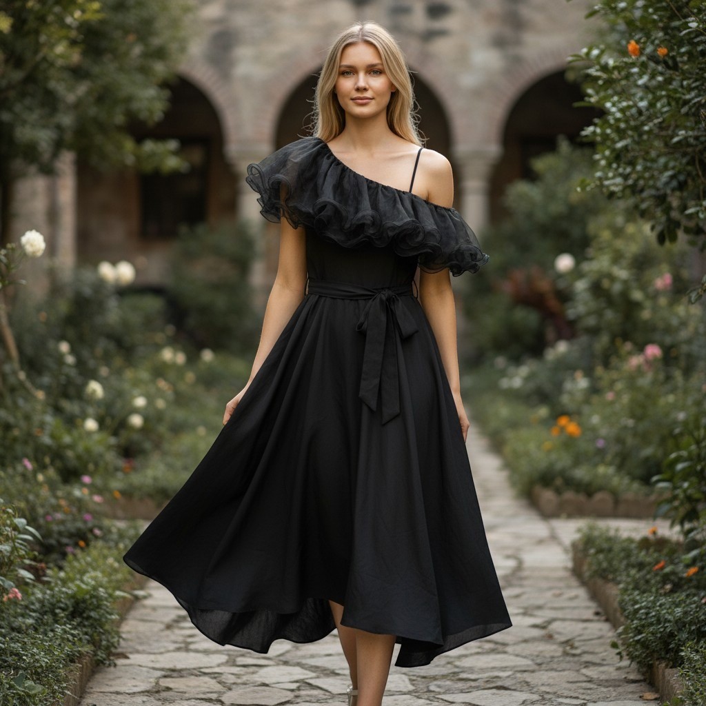 Sweet Talk One Shoulder Dress Womens 12 Black Vintage 70s 80s Ruffle Formal NWT