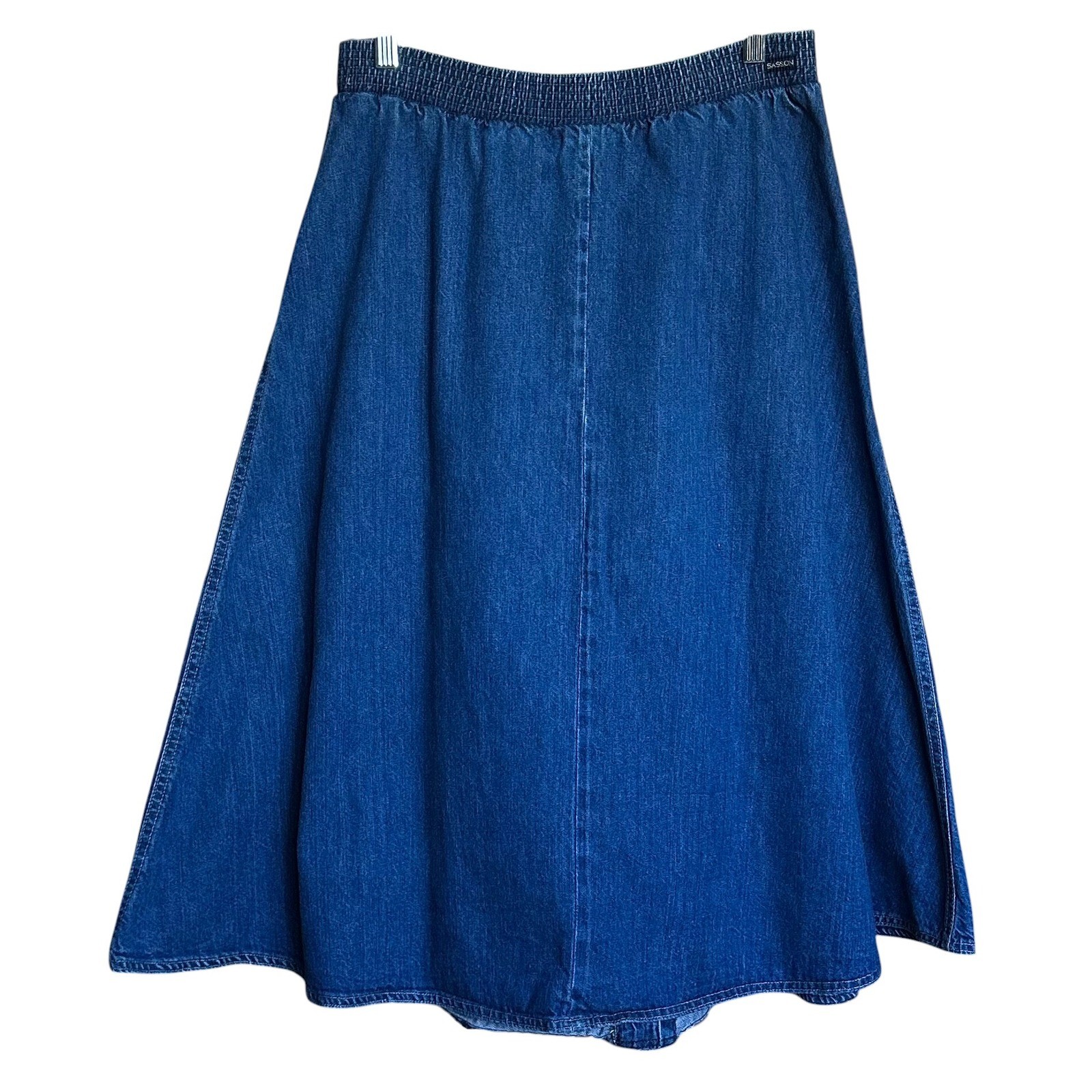 Vintage 80s Sasson Denim Midi Skirt 100% Cotton Snap Front Elastic Waist Size 8