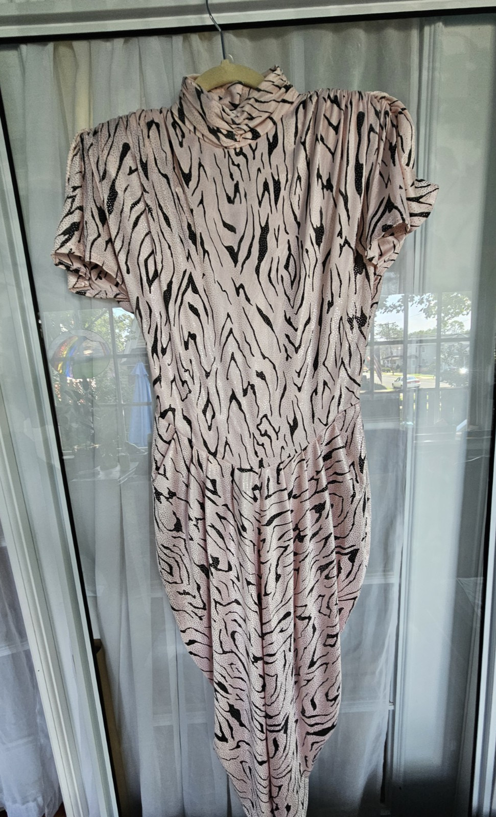 Vintage 1980s Zebra Print Party Dress Off White / Light Pink With Sparkly Dots