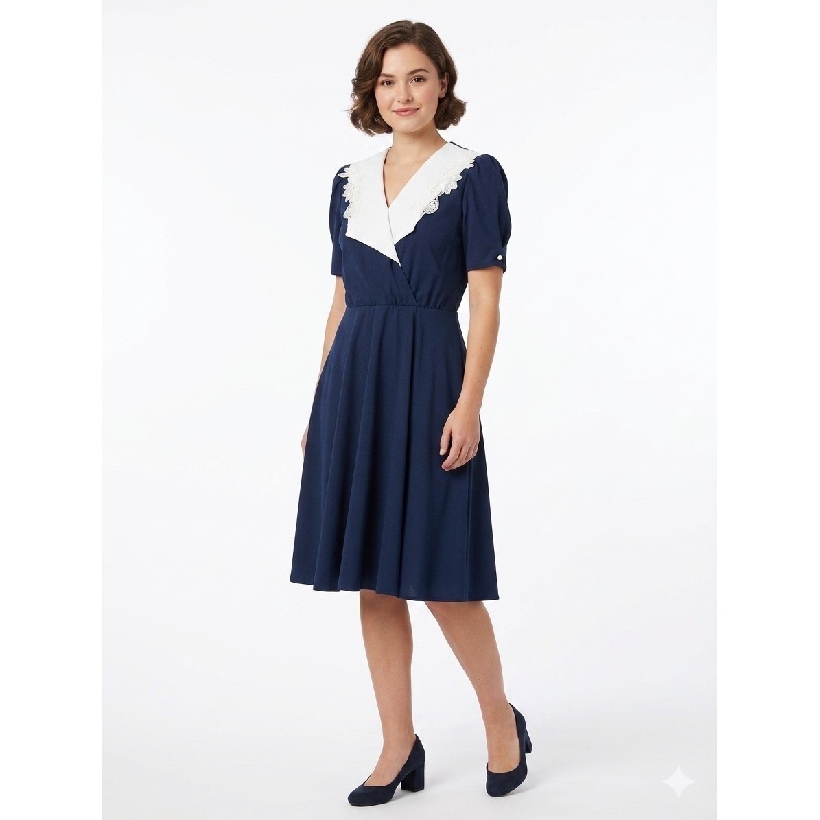 Whirlaway Frocks Vintage Navy Blue Lace Sailor Collar Midi Dress Size 12P USA