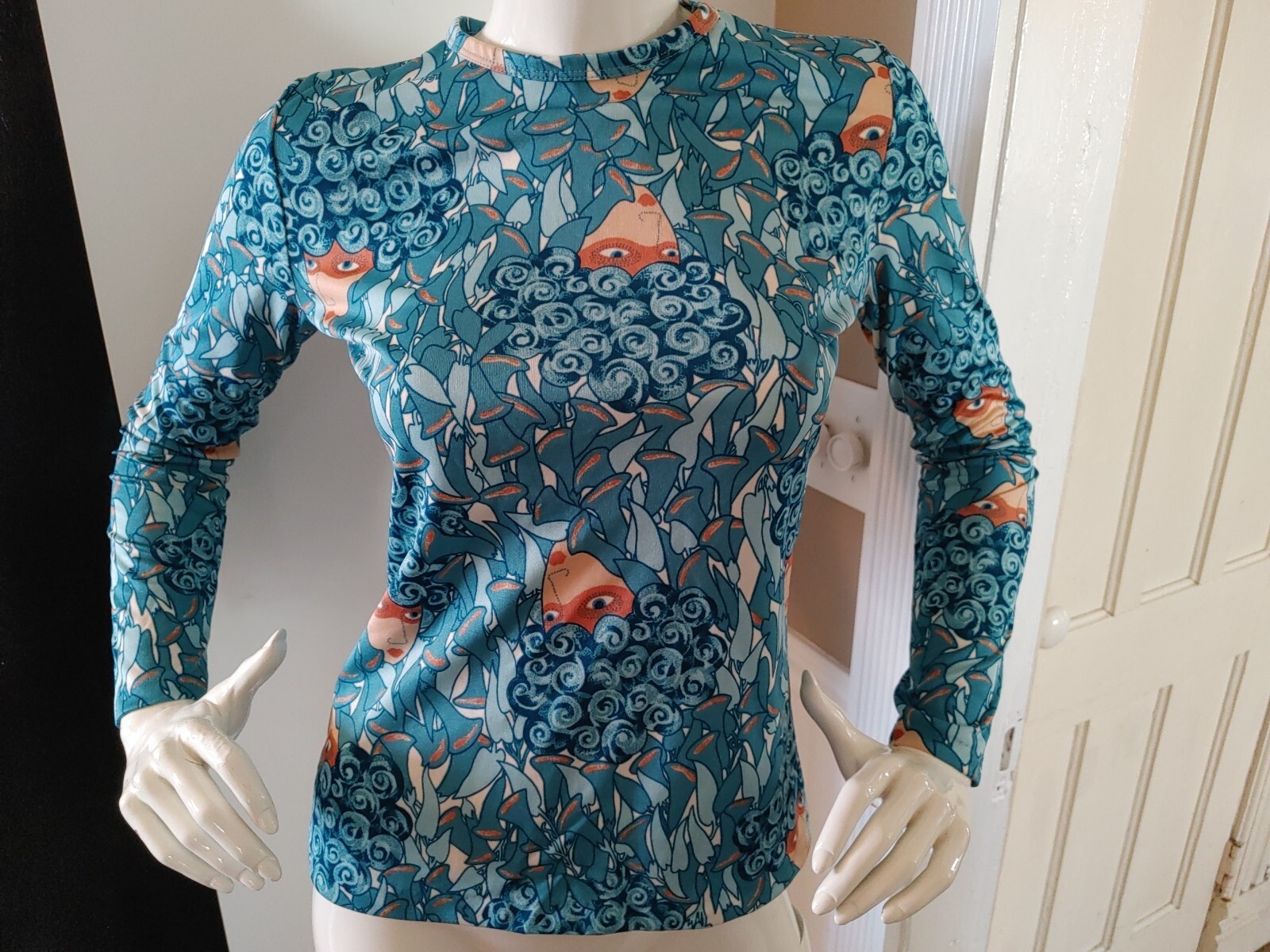 1960’s Hathaway Patch Women’s Knit Top Size 11-12 Vintage Print Turquoise Blue