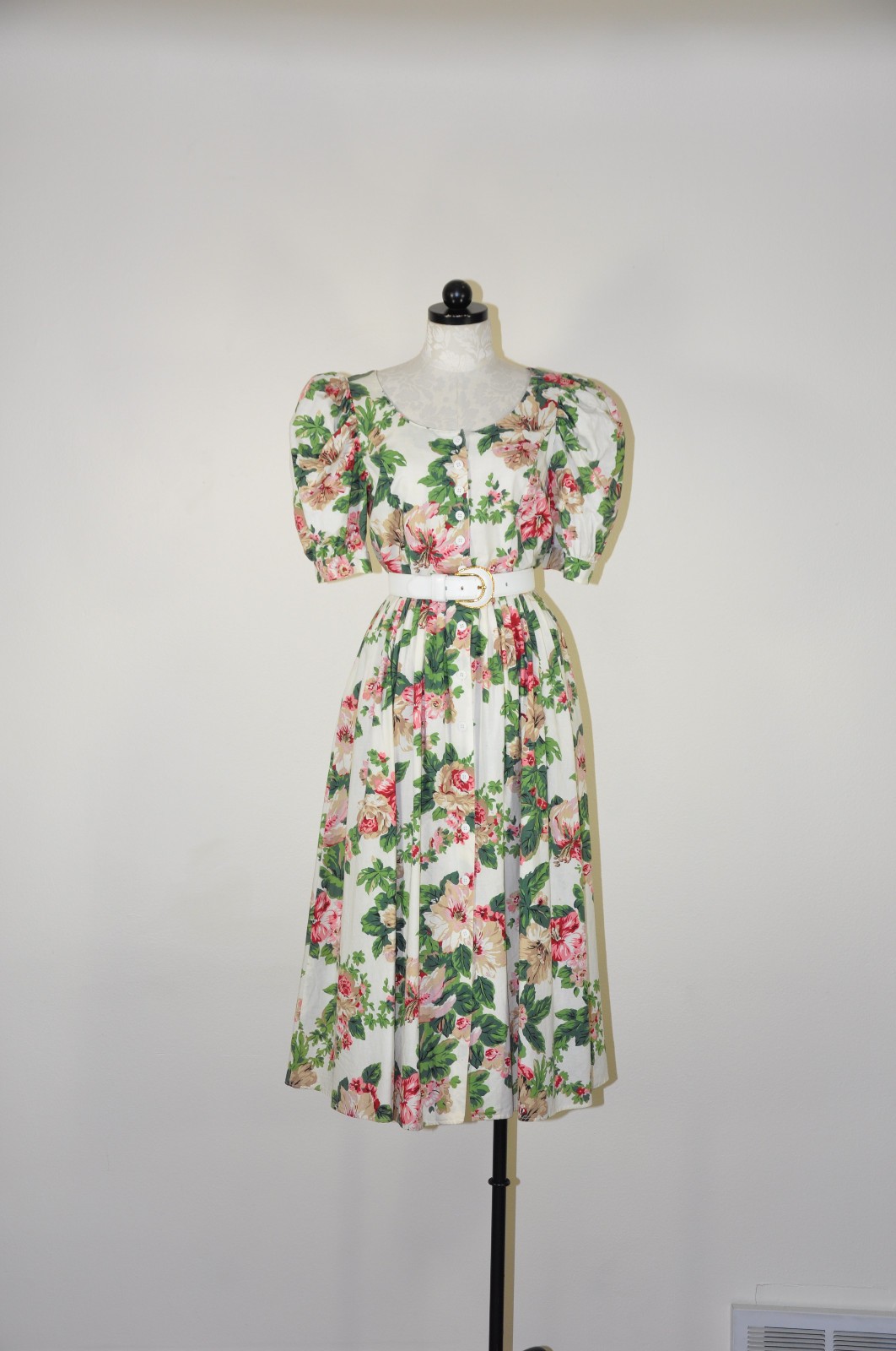 80s Vintage Pink Green Hibiscus Floral Puff Sleeve Romantic Midi Dress Women M L