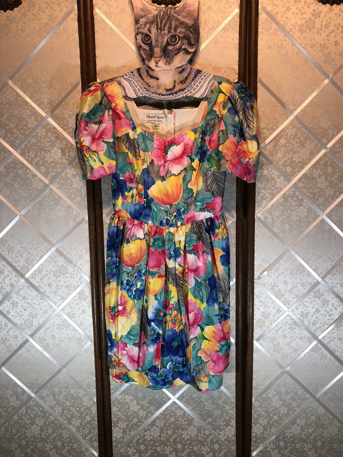 Vintage Albert Nipon Multicolor Floral Dress Blue Pink Yellow Green Cotton~XS/S