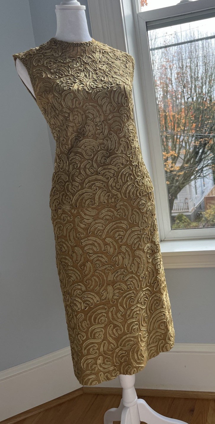 Vintage Sophisticated Miss Gold Mustard Knit Sweater Skirt Set Ribbons Sewn S