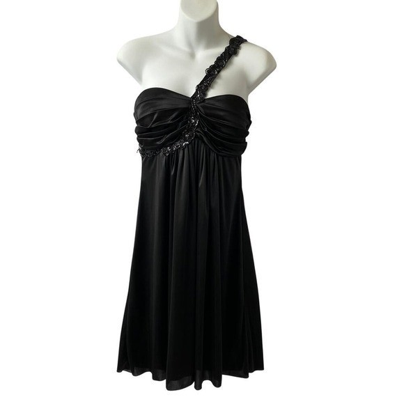 VTG Y2K B. Smart One Shoulder Babydoll Mini Dress 7/8 Black Sequins Strap Party