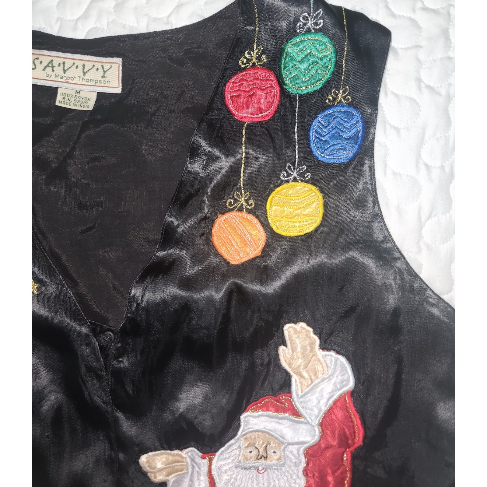 Vintage SATIN Christmas vest Ornaments Santa Black Red Applique medium chest 38
