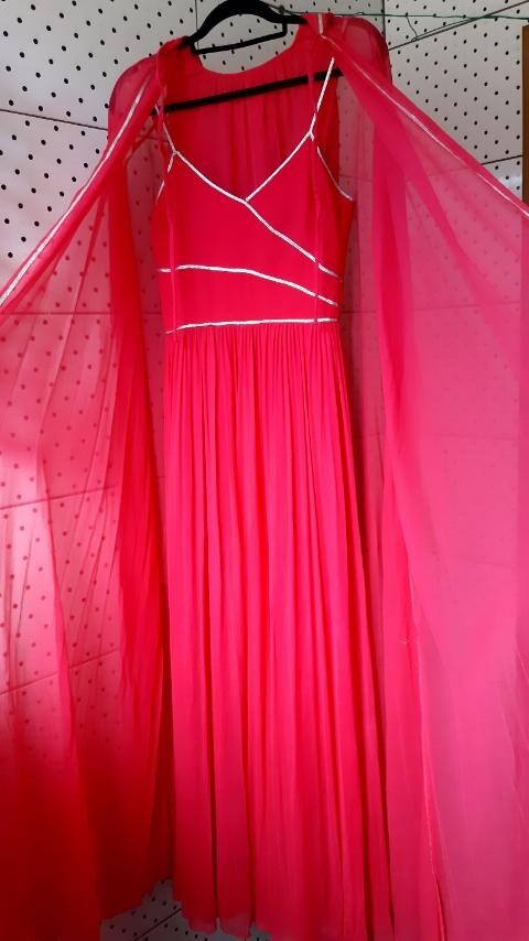 Vintage 50s-70s JEAN ALLEN Maxi Pink Chiffon Dress+Cape with Hood Siz Small 10UK